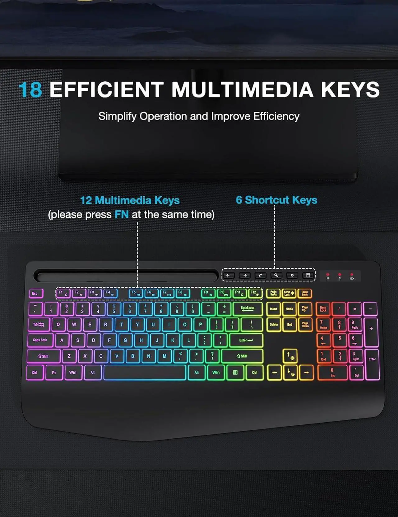 Alt view image 7 of 7 - Wireless Keyboard with 9 Backlit Effects, Wrist Rest, Phone Holder, 2.4G Lag-Free Ergonomic Keyboards, Rechargeable Silent Cordless, for Computer, Laptop, PC, Mac, Windows, Office, School