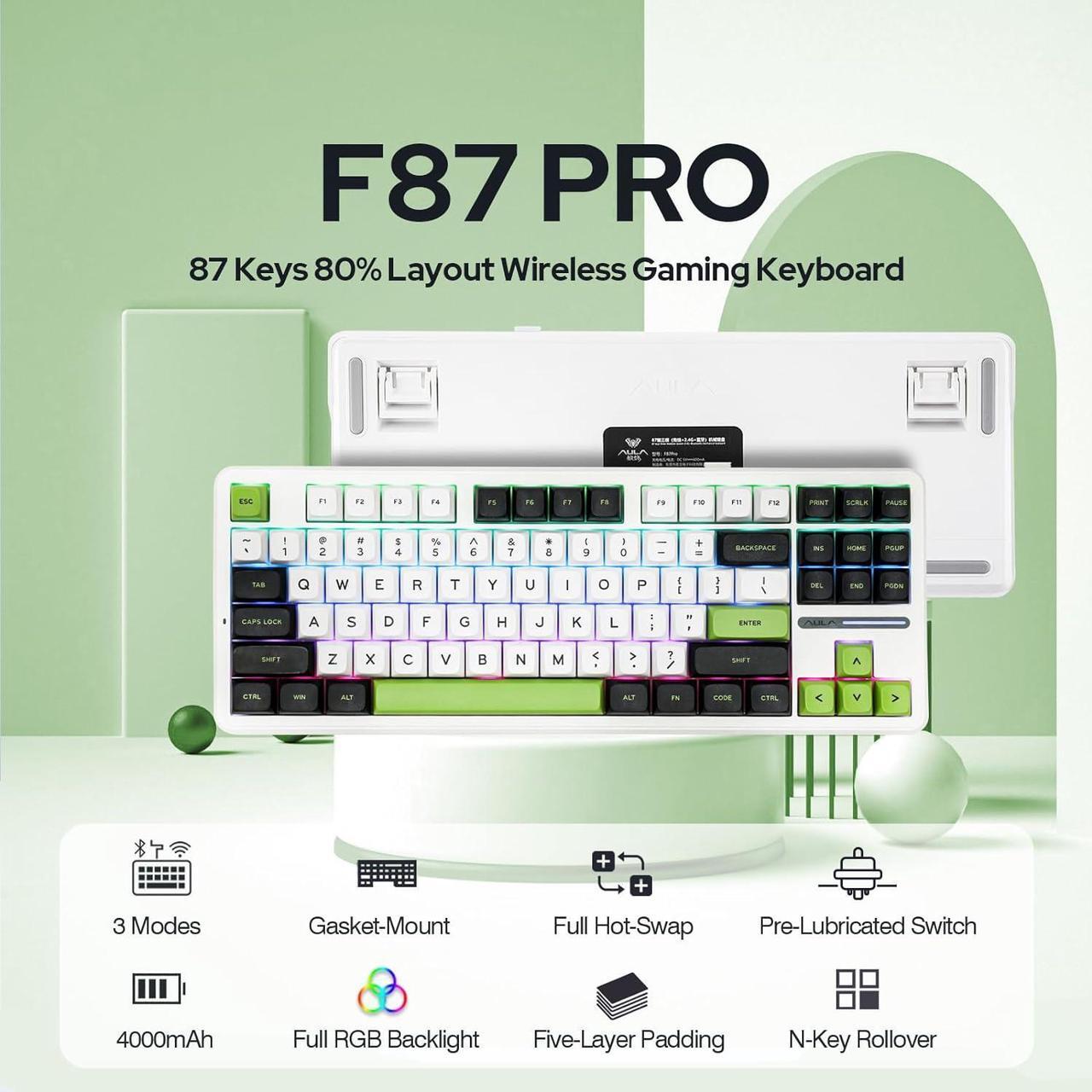 Alt view image 2 of 7 - F87 Pro Wireless Gasket Mechanical Keyboard, 87 Keys Compact TKL 3 Modes(Bluetooth/2.4ghz Wireless/Tpye-C) Gaming Keyboard, Hot Swappable, Full RGB (White Green, Graywood V3 Switch)
