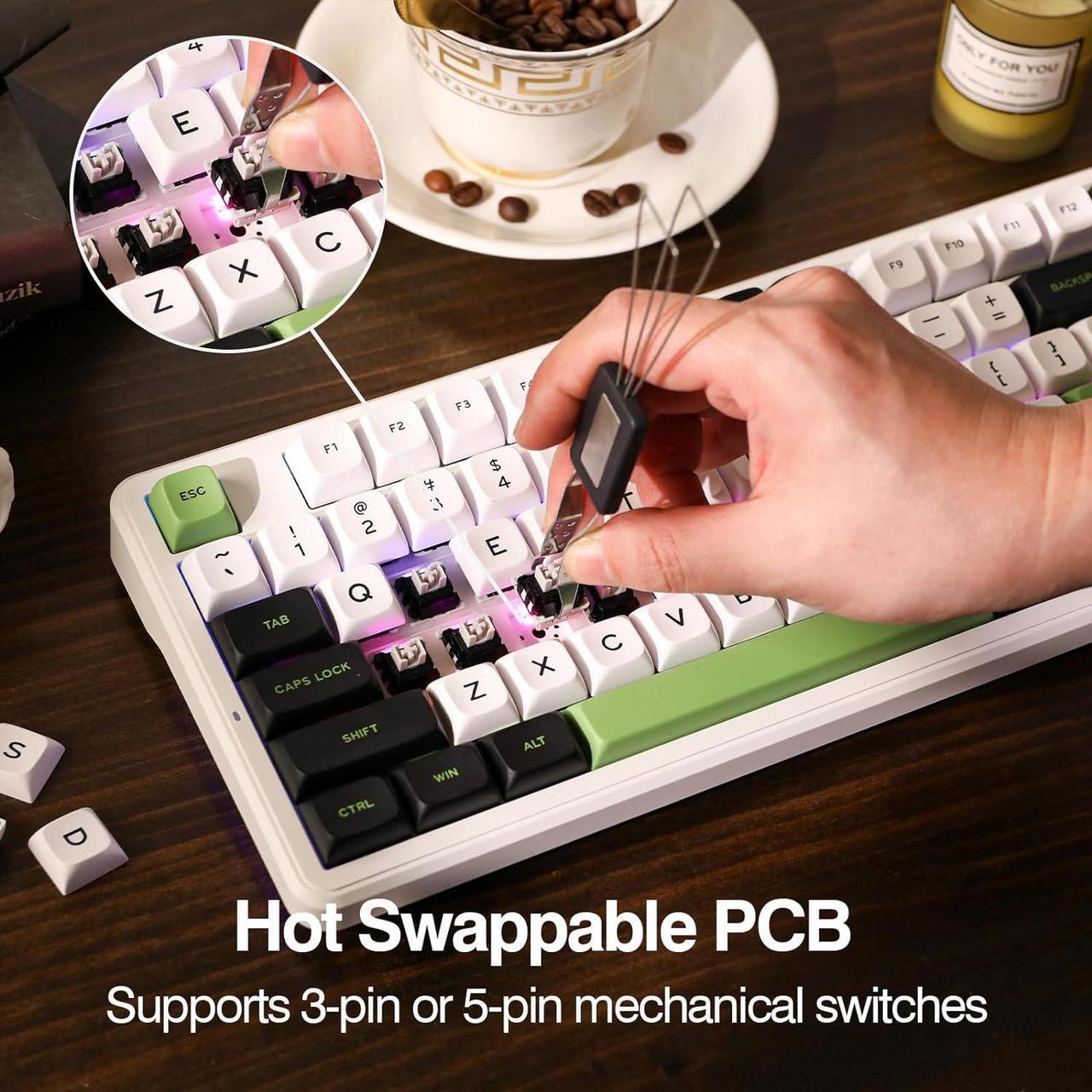 Alt view image 4 of 7 - F87 Pro Wireless Gasket Mechanical Keyboard, 87 Keys Compact TKL 3 Modes(Bluetooth/2.4ghz Wireless/Tpye-C) Gaming Keyboard, Hot Swappable, Full RGB (White Green, Graywood V3 Switch)