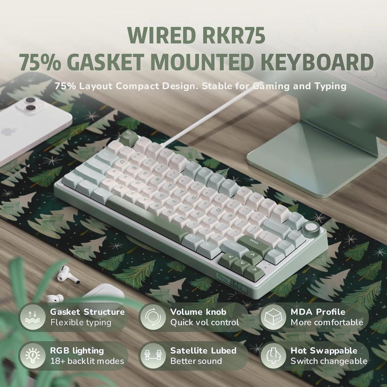 Alt view image 2 of 7 - RK ROYAL KLUDGE R75 Mechanical Keyboard Wired with Volume Knob, 75% Custom Gaming Keyboard Gasket Mount RGB Backlit with Software, MDA Profile, PBT Keycaps, Hot Swappable Linear Switch Creamy Sound