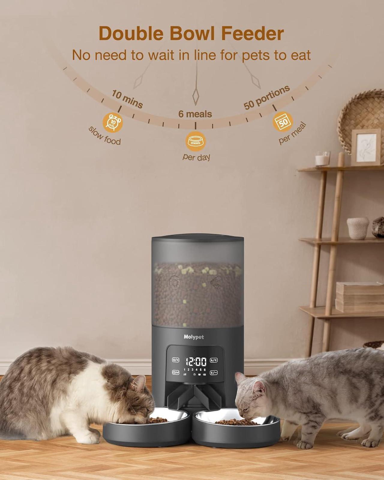 Alt view image 2 of 7 - Automatic Cat Feeders for 2 Cats - 6L Cat Food Dispenser with Double Bowls, Programmable Timed Cat Feeder up to 6 Meals per Day with 10S Voice Recorder, Support Dual Power Supply
