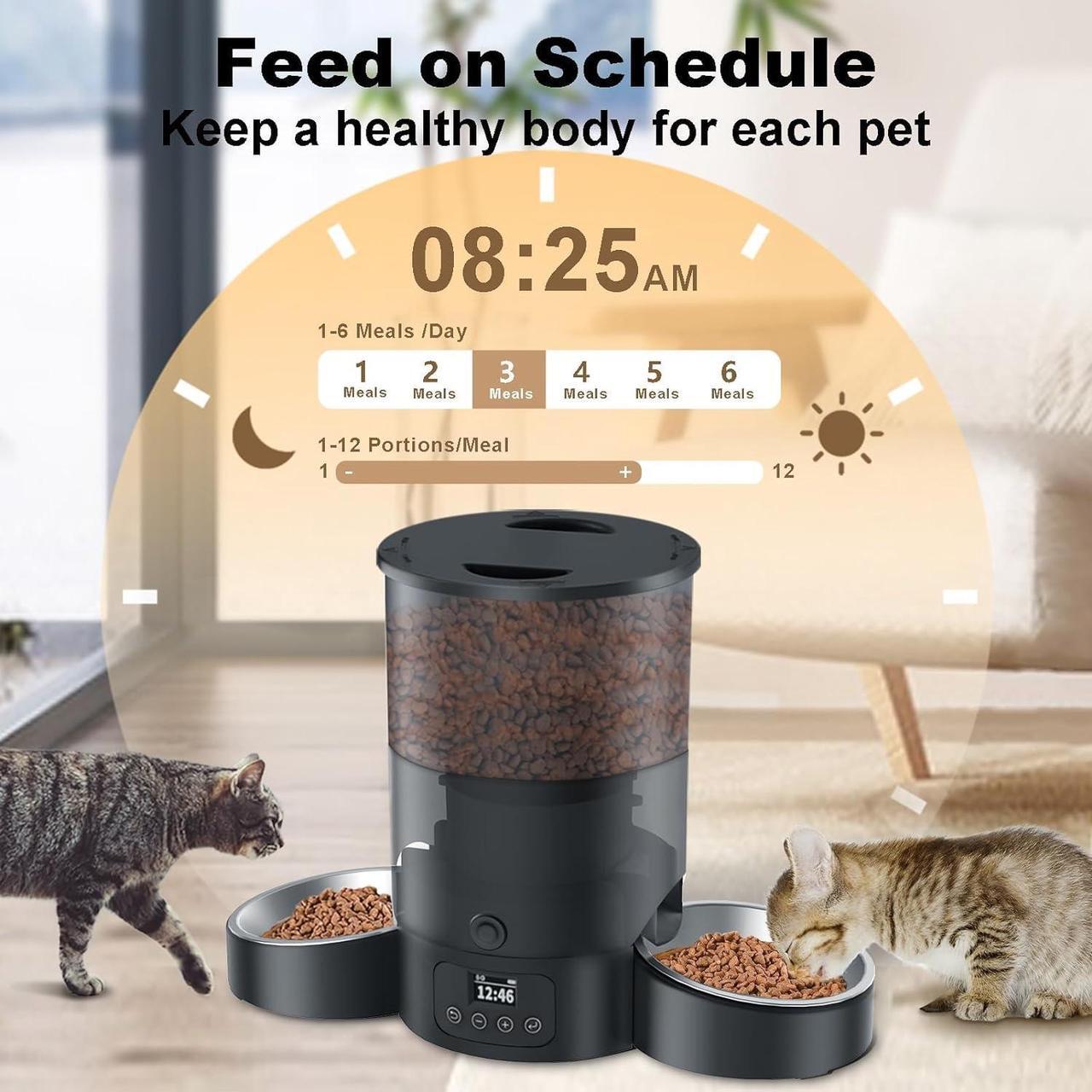 Alt view image 2 of 7 - Automatic Cat Feeder for 2 Cats, 3L Cat Food Dispenser SURDY Auto Cat Feeder with 2 Stainless Bowls, 10s Meal Call Dual Power Supply and Timer Setting 12 Portions 6 Meals Per Day for Cats and Dogs