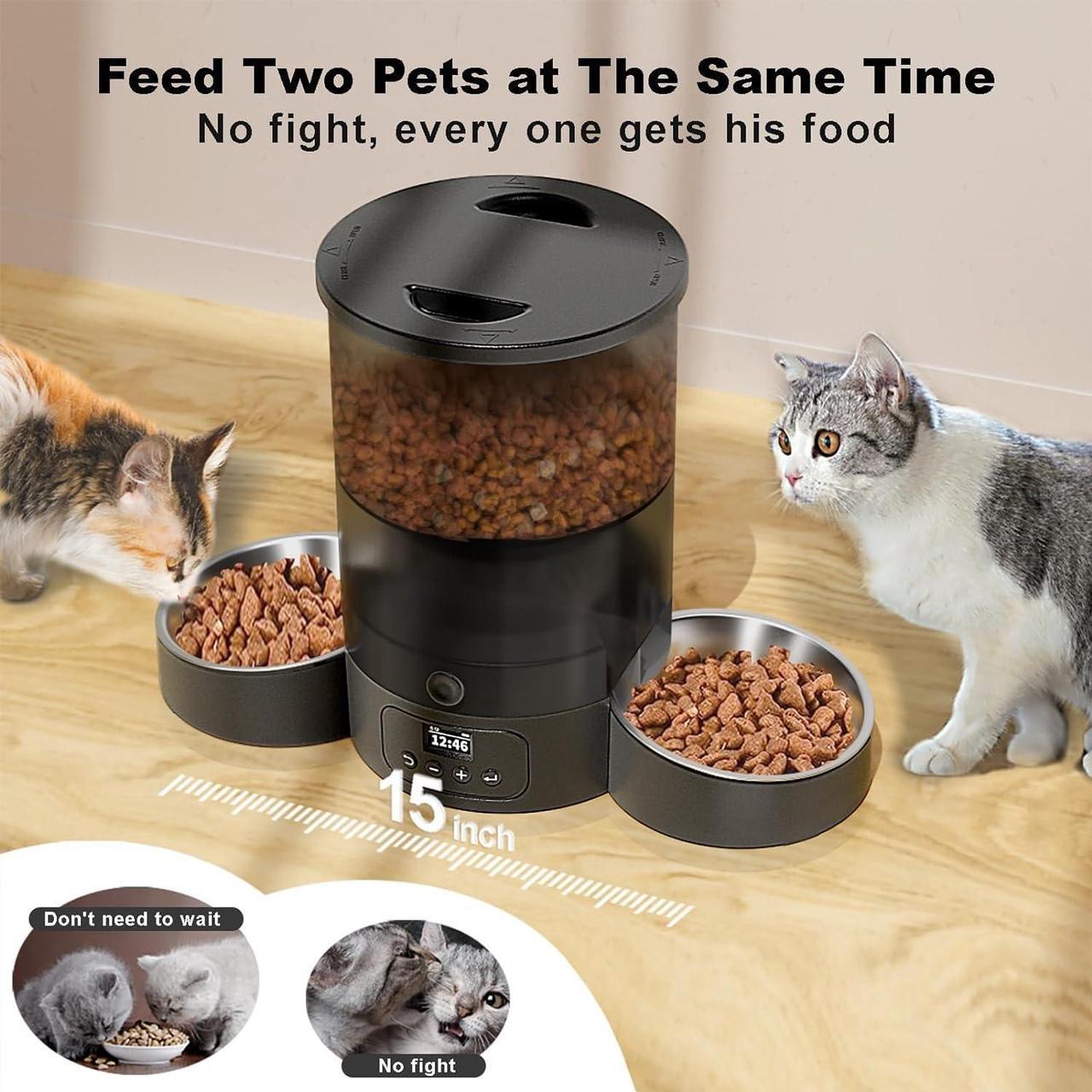 Alt view image 4 of 7 - Automatic Cat Feeder for 2 Cats, 3L Cat Food Dispenser SURDY Auto Cat Feeder with 2 Stainless Bowls, 10s Meal Call Dual Power Supply and Timer Setting 12 Portions 6 Meals Per Day for Cats and Dogs