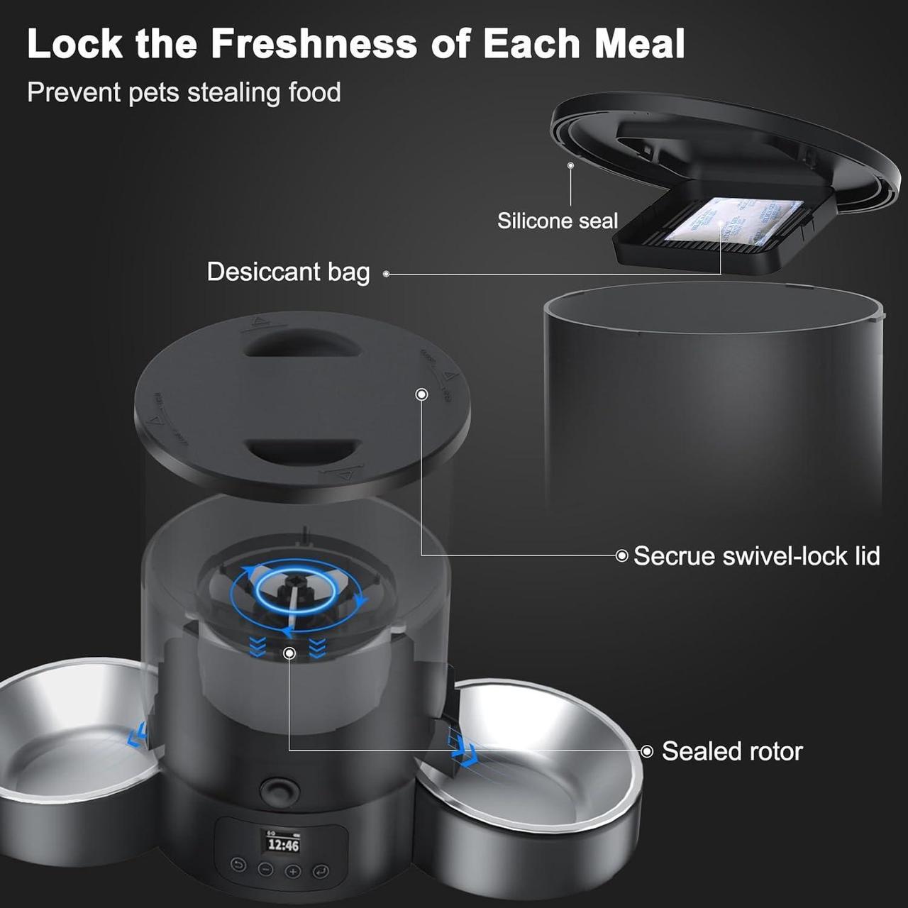 Alt view image 5 of 7 - Automatic Cat Feeder for 2 Cats, 3L Cat Food Dispenser SURDY Auto Cat Feeder with 2 Stainless Bowls, 10s Meal Call Dual Power Supply and Timer Setting 12 Portions 6 Meals Per Day for Cats and Dogs