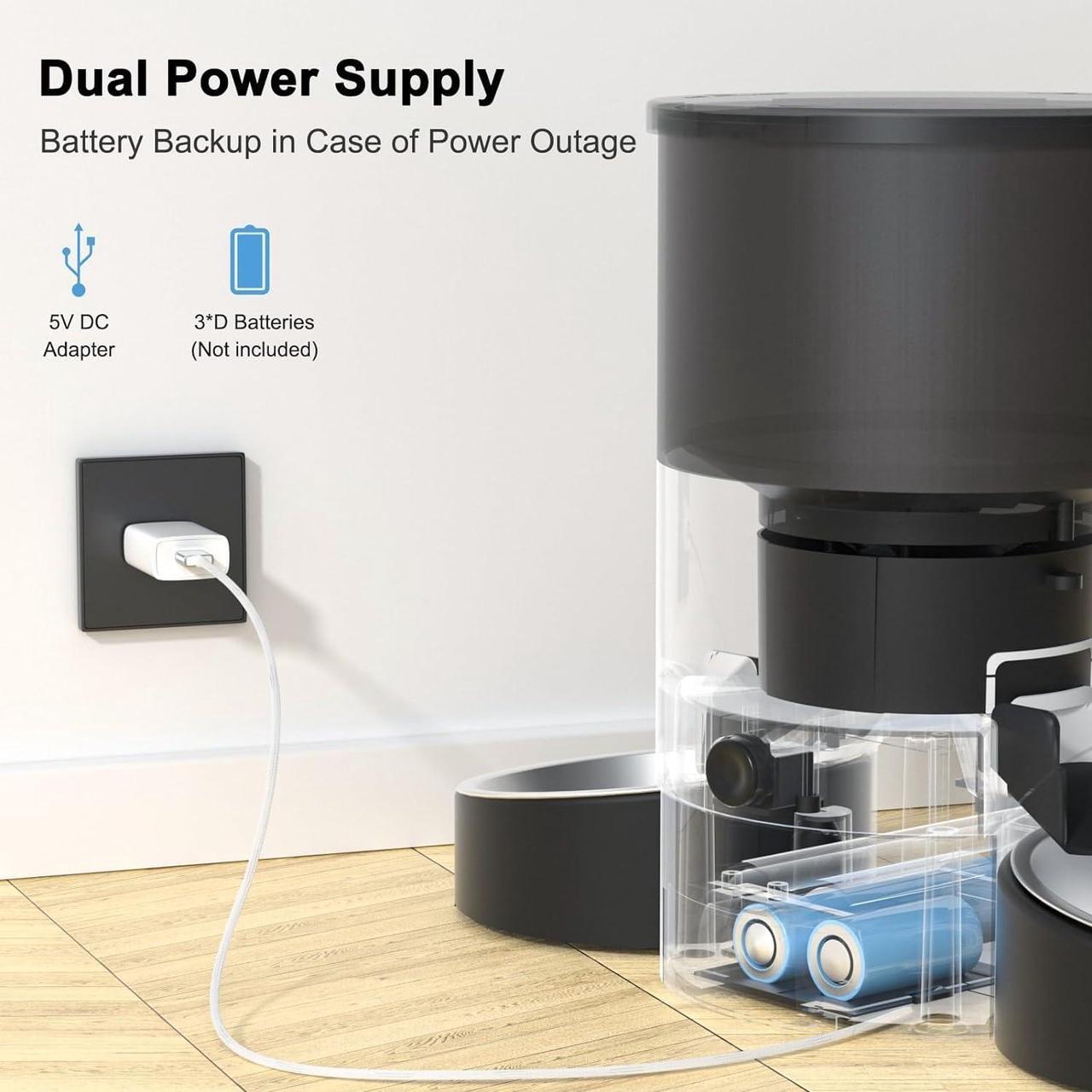 Alt view image 7 of 7 - Automatic Cat Feeder for 2 Cats, 3L Cat Food Dispenser SURDY Auto Cat Feeder with 2 Stainless Bowls, 10s Meal Call Dual Power Supply and Timer Setting 12 Portions 6 Meals Per Day for Cats and Dogs