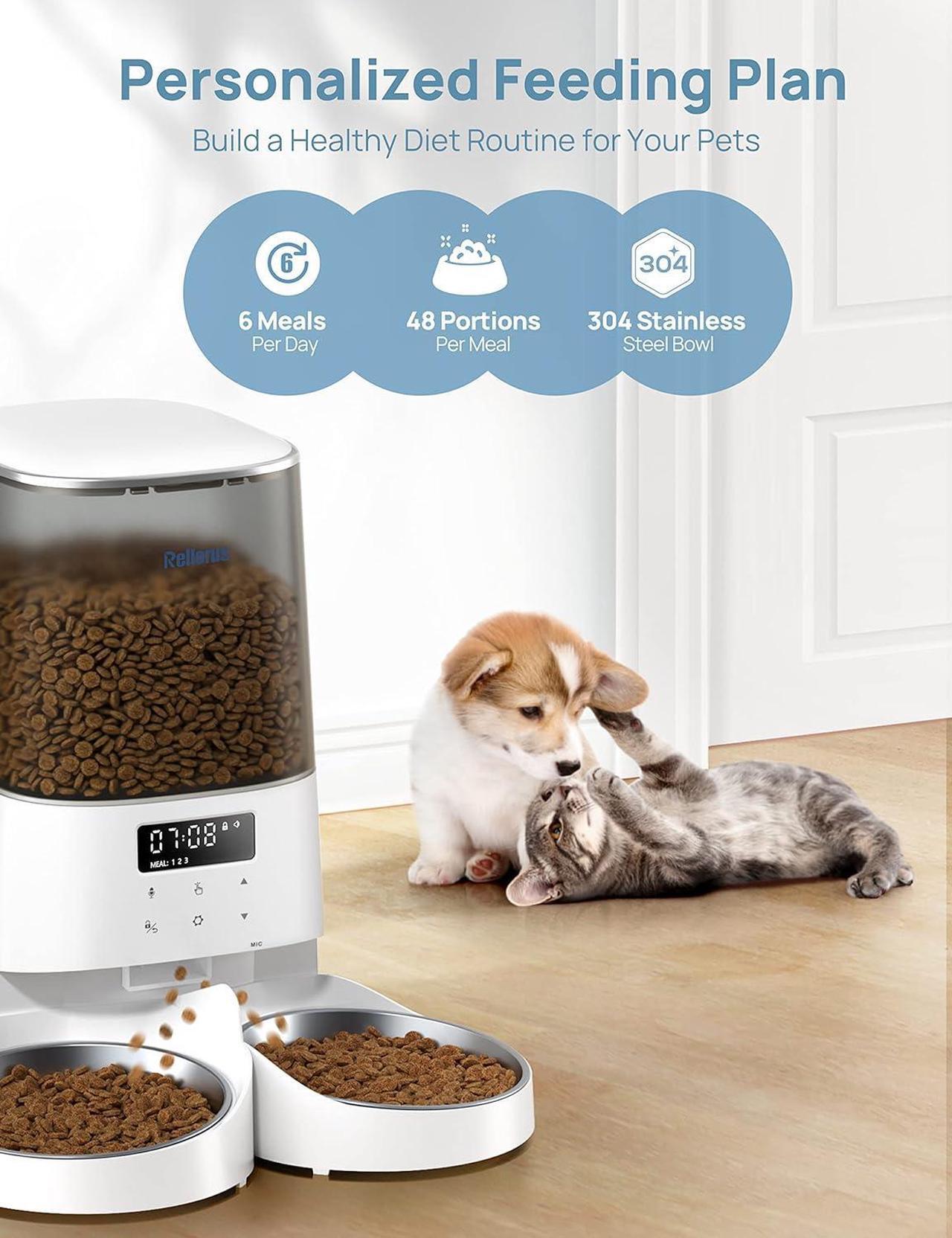 Alt view image 2 of 7 - Automatic Cat Feeders, 5L/21Cups Cat Food Dispenser for Two Cats, Timed Cat Feeder with Double Bowls, 48 Portions 6 Meals Per Day for Cat and Small Dog, Memory Function, 10s Meal Call