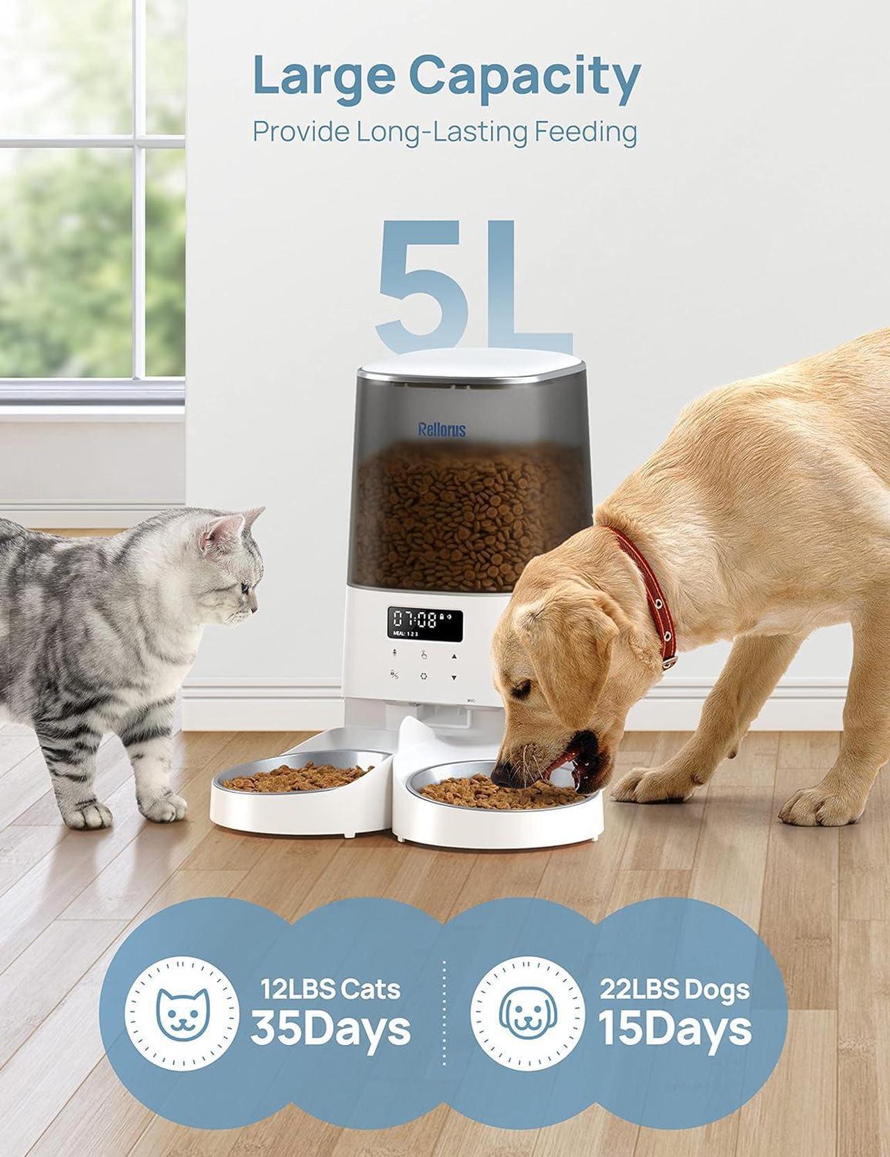 Alt view image 7 of 7 - Automatic Cat Feeders, 5L/21Cups Cat Food Dispenser for Two Cats, Timed Cat Feeder with Double Bowls, 48 Portions 6 Meals Per Day for Cat and Small Dog, Memory Function, 10s Meal Call