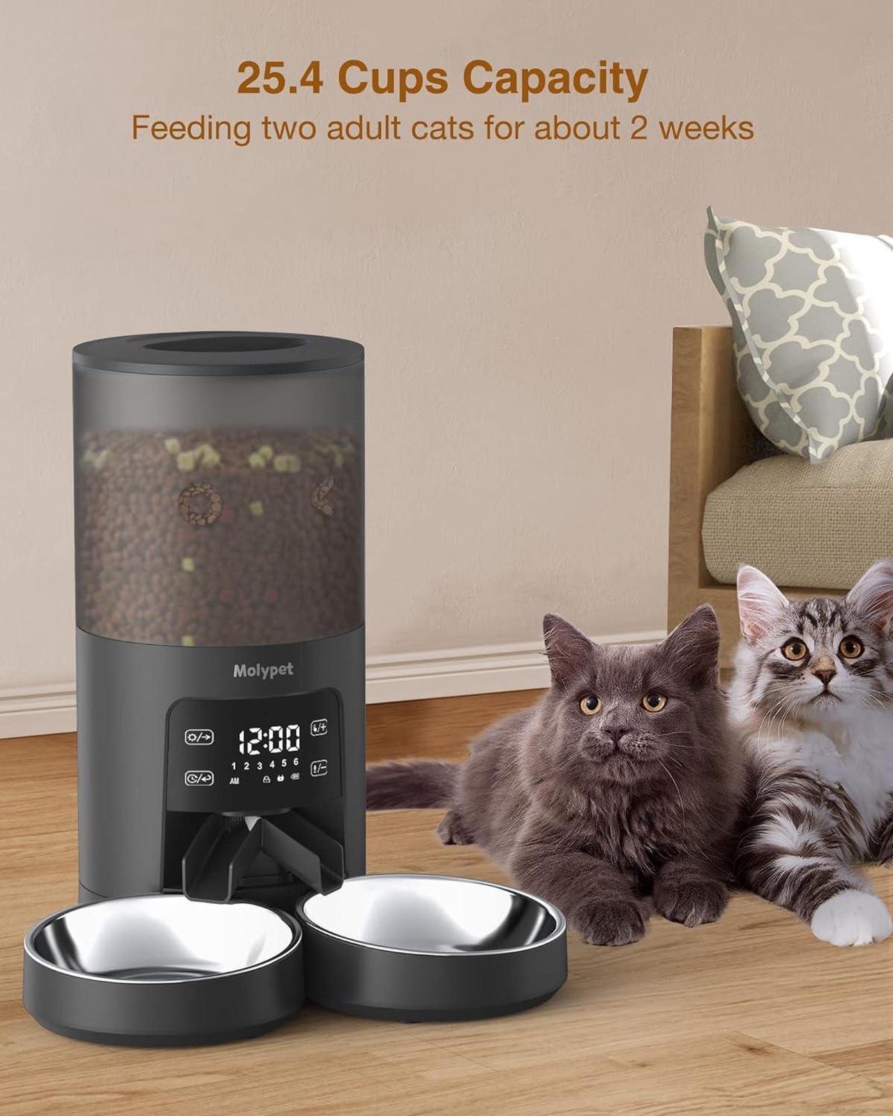 Alt view image 3 of 7 - Automatic Cat Feeders for 2 Cats - 6L Cat Food Dispenser with Double Bowls, Programmable Timed Cat Feeder up to 6 Meals per Day with 10S Voice Recorder, Support Dual Power Supply