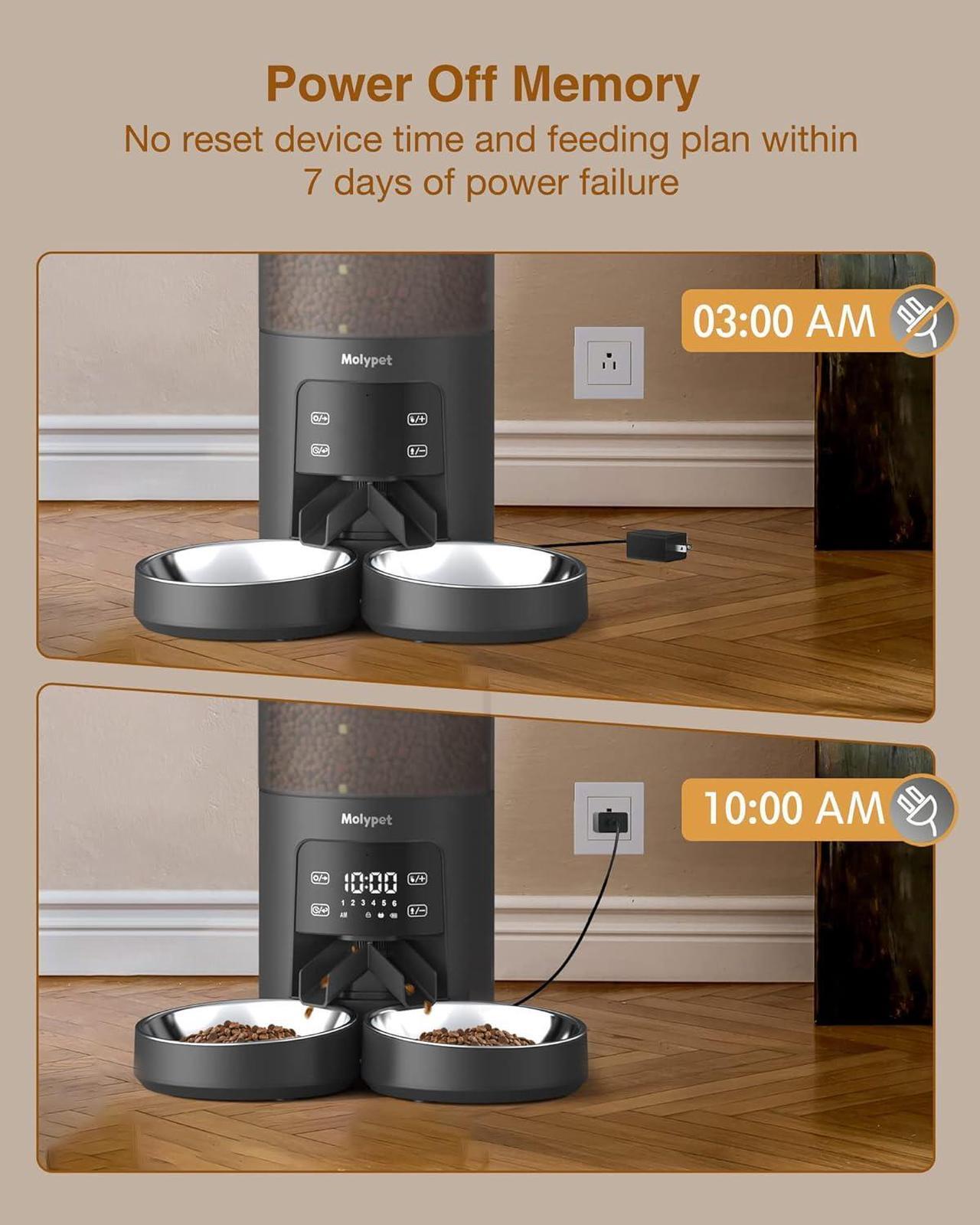 Alt view image 6 of 7 - Automatic Cat Feeders for 2 Cats - 6L Cat Food Dispenser with Double Bowls, Programmable Timed Cat Feeder up to 6 Meals per Day with 10S Voice Recorder, Support Dual Power Supply