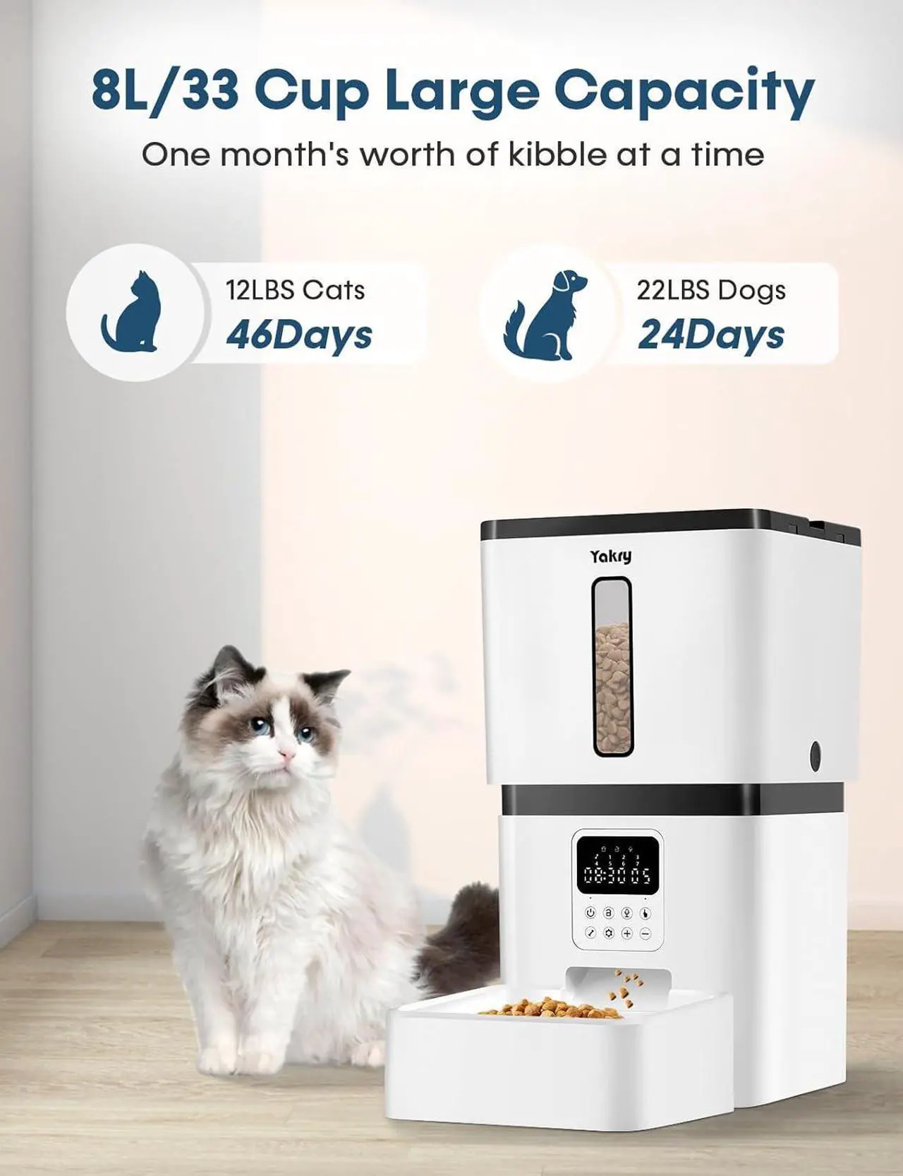 Alt view image 2 of 7 - Automatic Dog Feeder Easy Setup - 8L/33 Cups Large Capacity Dog Food Dispenser Battery Operated with 180-Day Life - Timed Cat Feeder Record 20s Voice Desiccant Bag for Cats and Small Medium Dogs Yakry