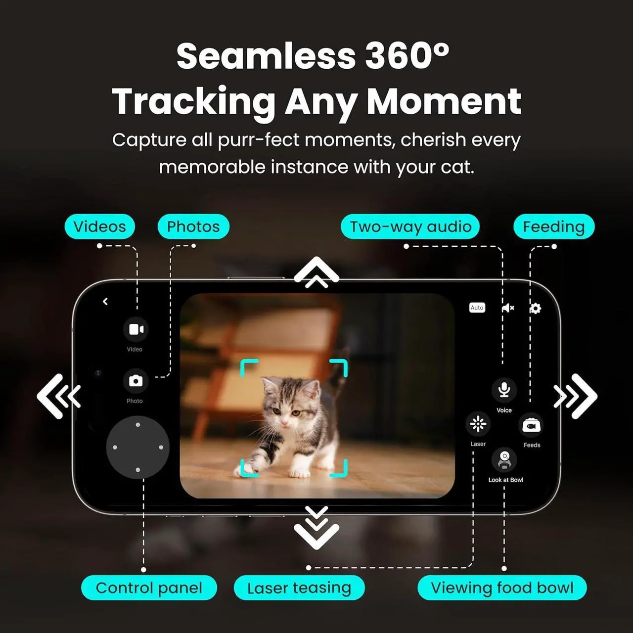 Alt view image 4 of 6 - Automatic Cat Feeder, 360° Pet Camera 2K HD Monitor with Night Vision, 5G/2.4G Pet Feeder with 2-Way Audio, Low Food Alert&Blockage Sensor, Laser Toy