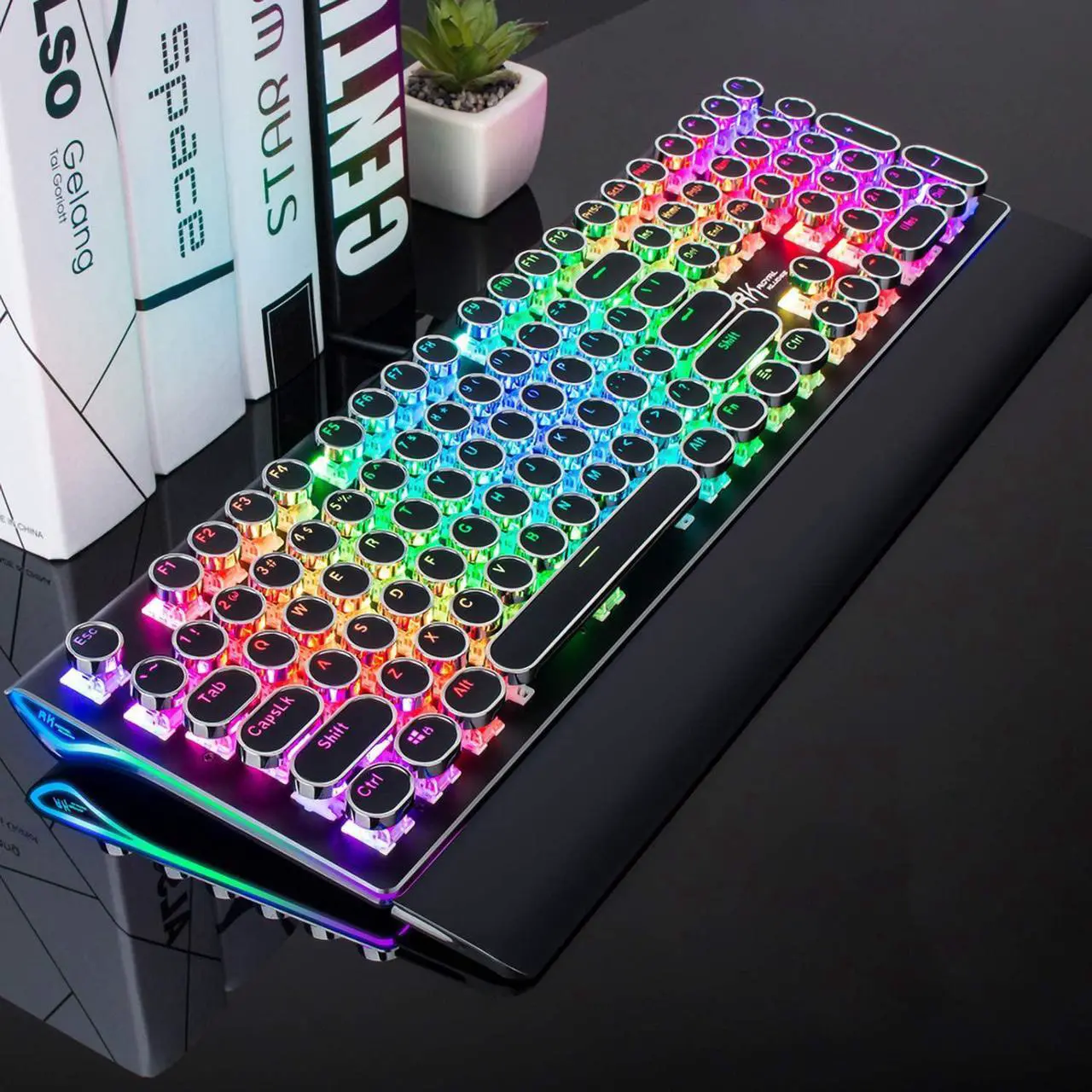 Alt view image 2 of 7 - DoubleW Typewriter Style Mechanical Gaming Keyboard with True RGB Backlit, Detachable Wrist Rest, 108-Key Anti-Ghosting Blue Switch Retro Steampunk Vintage Round Keycaps, Black