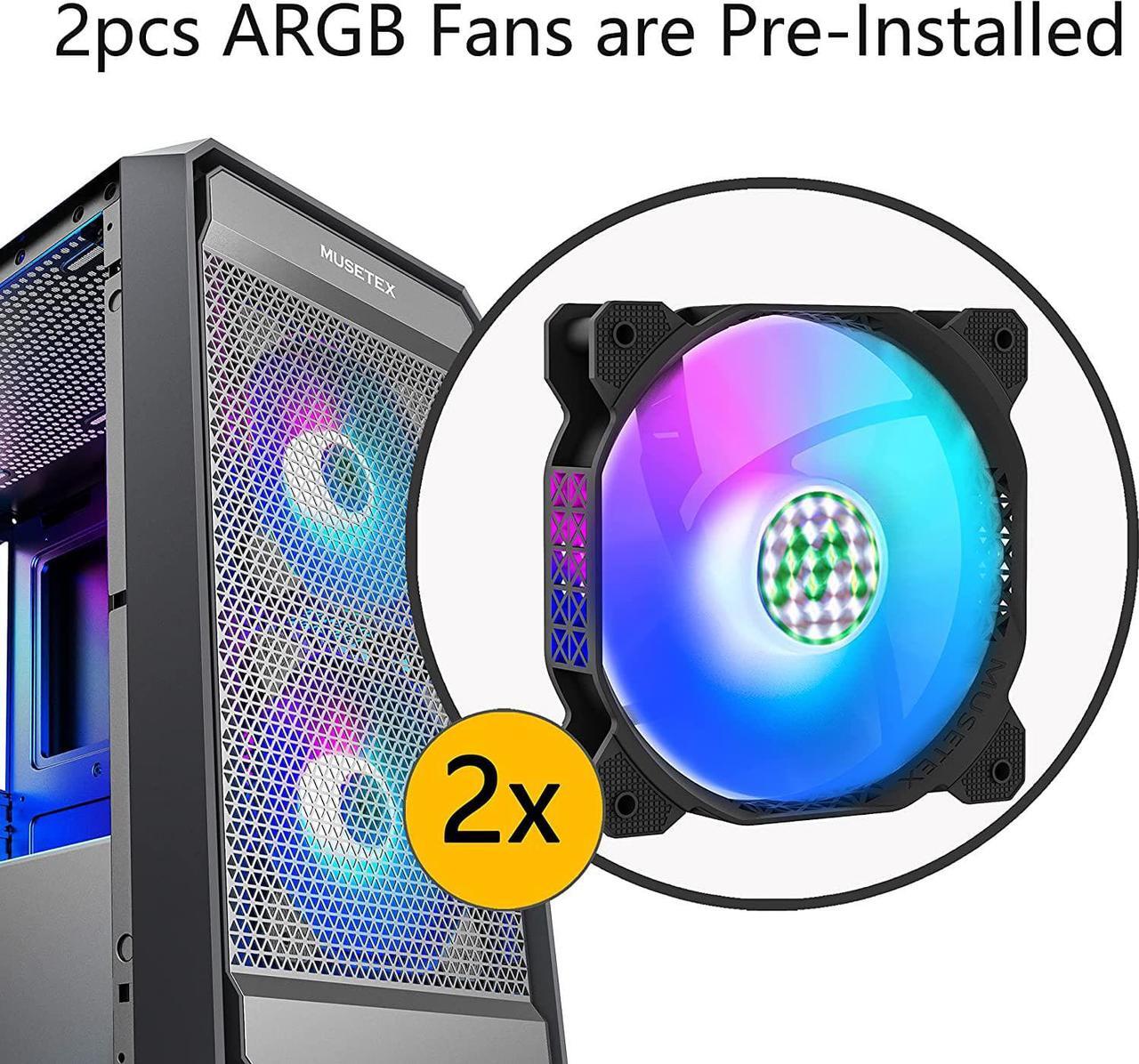 Alt view image 2 of 6 - MATX(Micro ATX) PC Case, Computer Case Pre-Installed 2pcs ARGB Fans,MUSETEX Computer Gaming Case with Type-C, USB 3.0, Opening Tempered Glass Side Door Mesh Airflow Tower Case