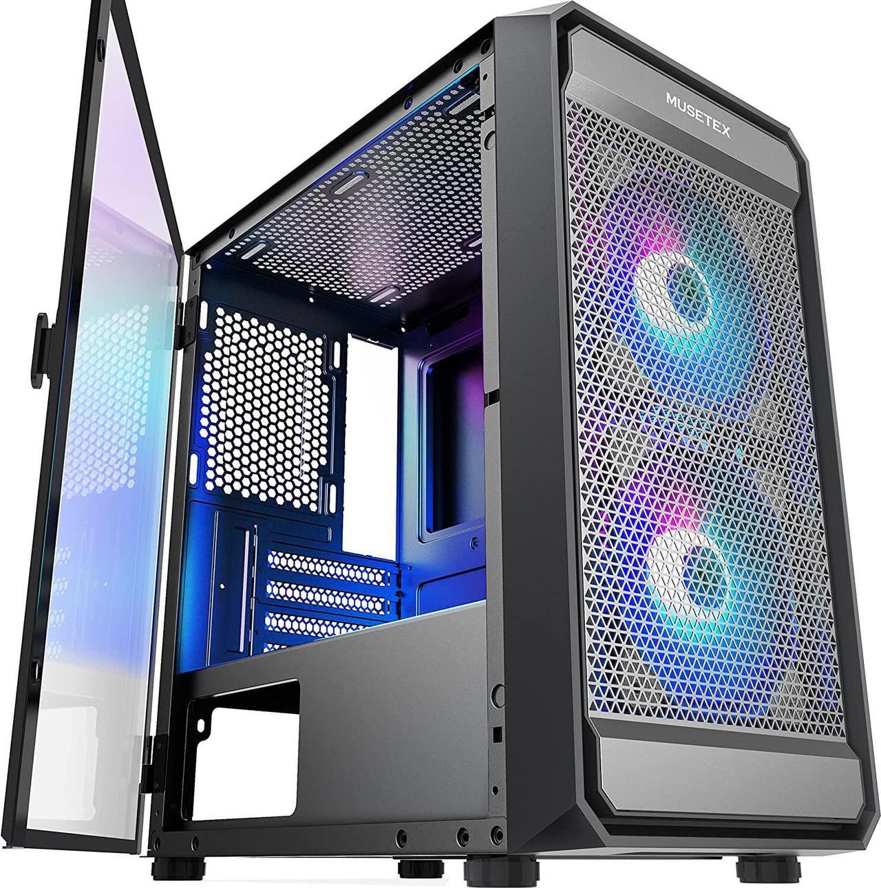 Alt view image 4 of 6 - MATX(Micro ATX) PC Case, Computer Case Pre-Installed 2pcs ARGB Fans,MUSETEX Computer Gaming Case with Type-C, USB 3.0, Opening Tempered Glass Side Door Mesh Airflow Tower Case