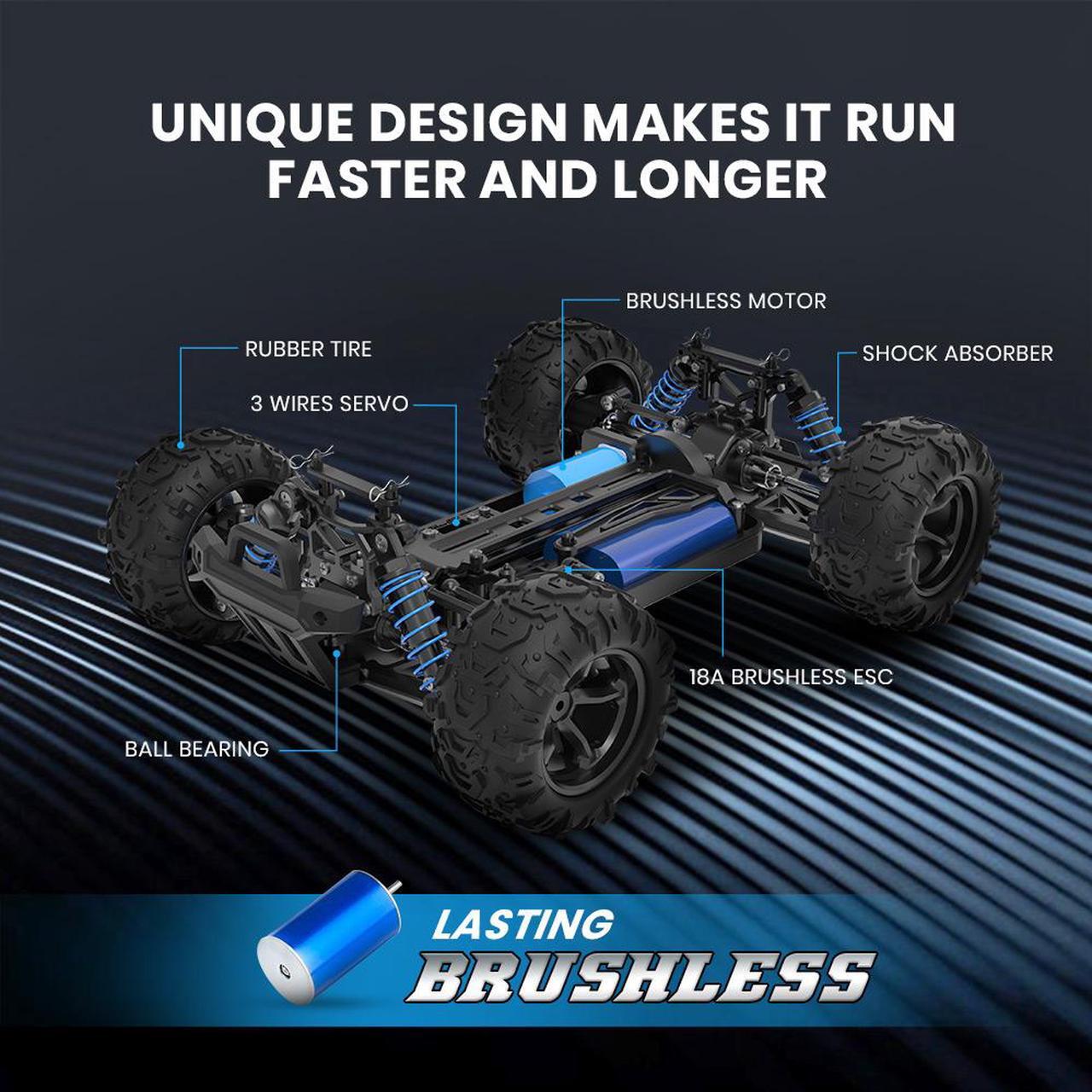 Alt view image 6 of 7 - DEERC Brushless RC Cars 300E 60KM/H High Speed Remote Control Car 4WD 1:18 Scale Monster Truck for Kids Adults, All Terrain Off Road Truck with Extra Shell 2 Battery,40+ Min Play Car Gifts for Boys