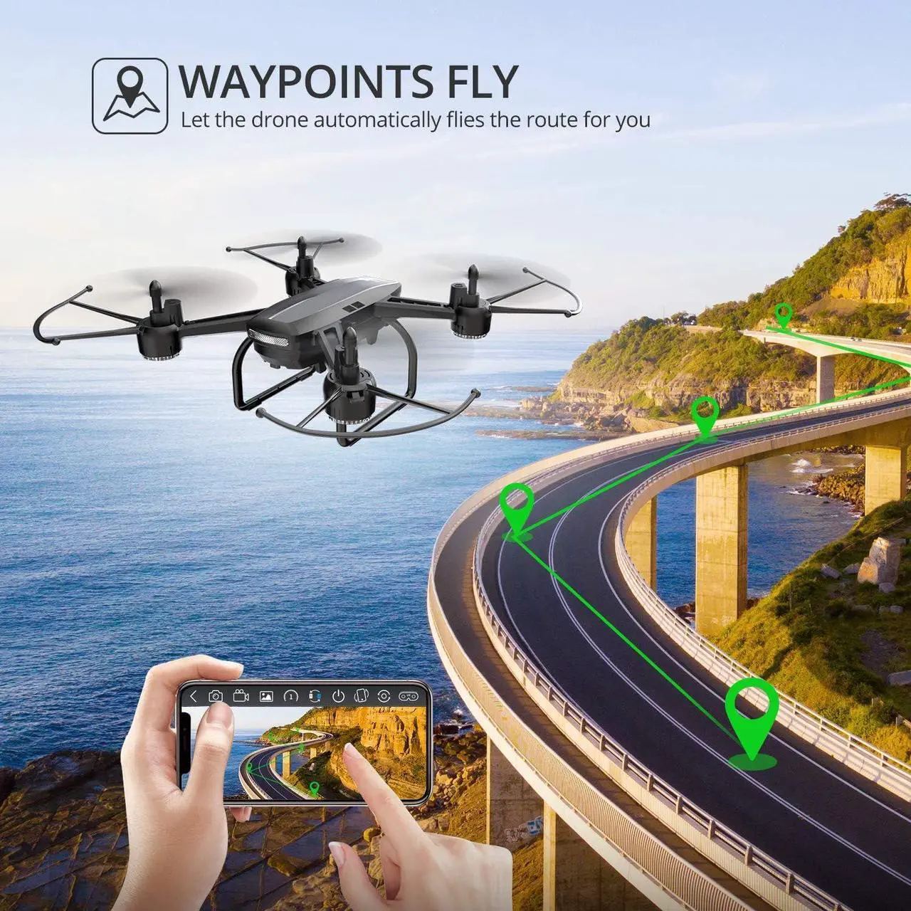 Alt view image 6 of 6 - DEERC D50 Drone with Camera for Adults 2K Ultra HD FPV Live Video Wide Angle, Altitude Hold, Headless Mode, Gesture Selfie, Waypoints Functions RC Quadcopter with 2 Batteries and Backpack,1Piece, Blac