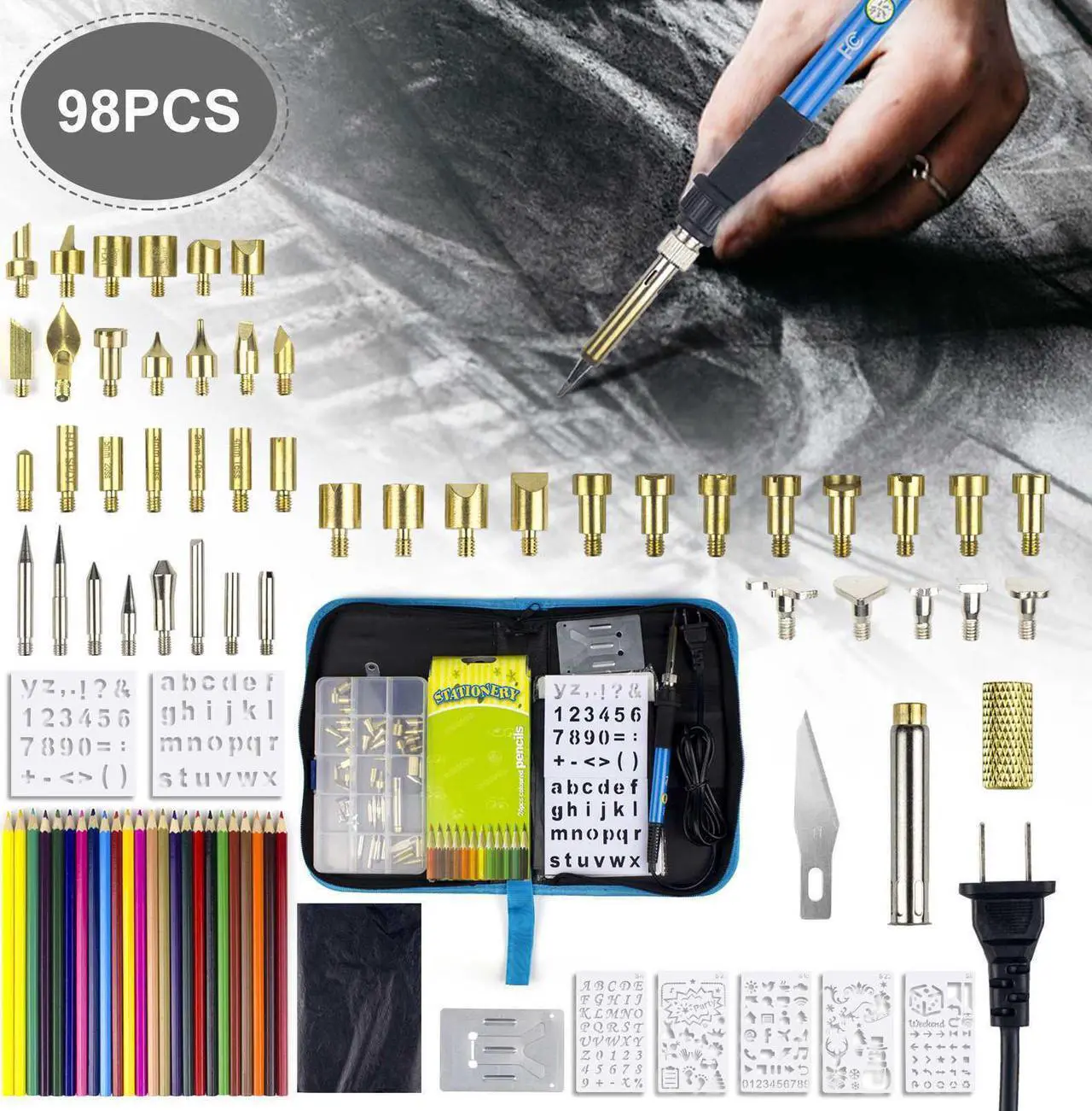 Main image of 98Pcs 60W Wood Burning Pen Set Electric Soldering Iron Kit Iron Burner Hobby Kit