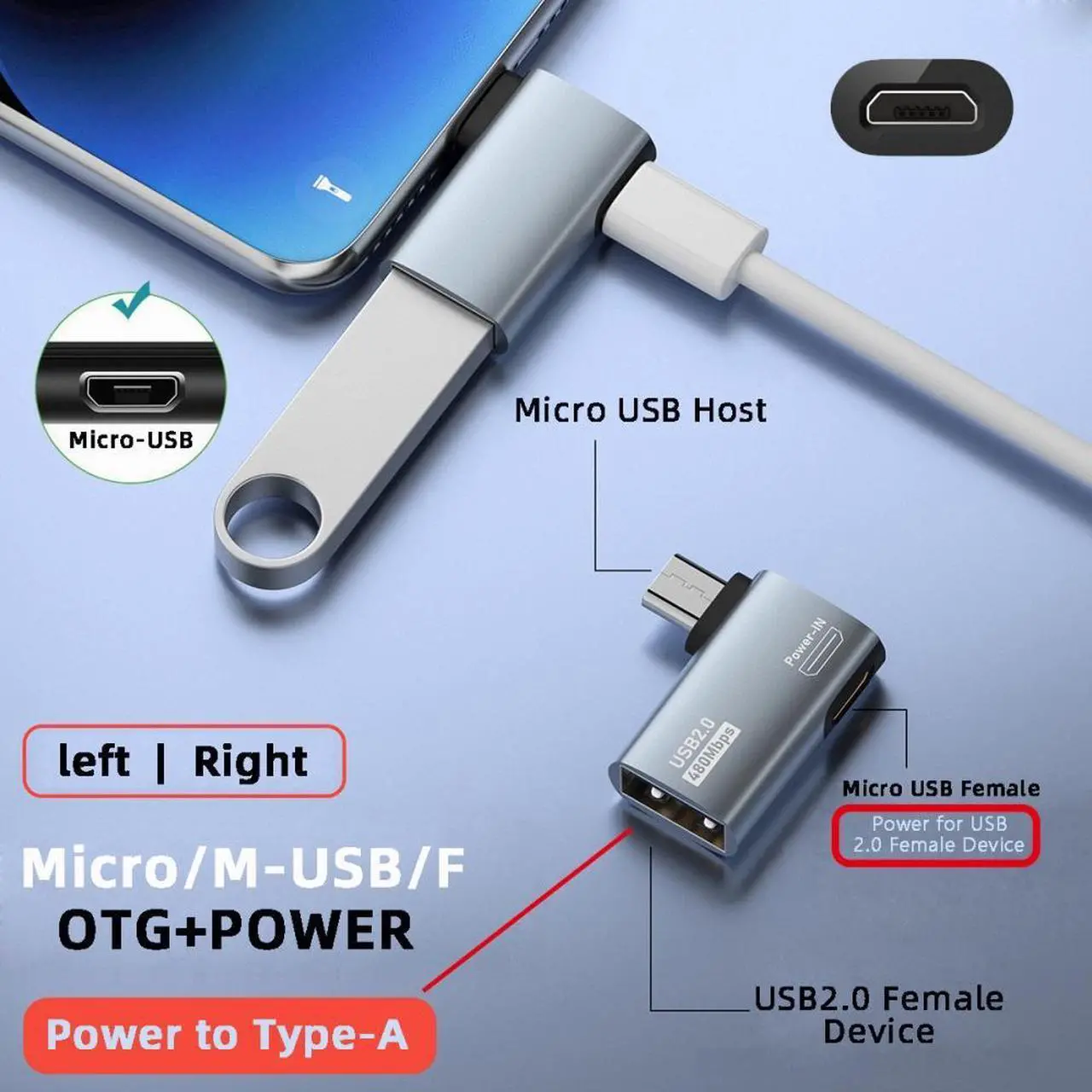 Alt view image 3 of 7 - Cablecc Micro USB 2.0 to Type-A Female OTG Host Adapter 90 Degree Right Angled with USB Power for Phone Tablet