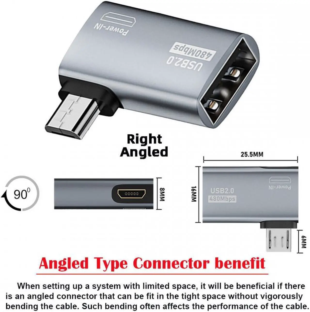 Alt view image 6 of 7 - Cablecc Micro USB 2.0 to Type-A Female OTG Host Adapter 90 Degree Right Angled with USB Power for Phone Tablet