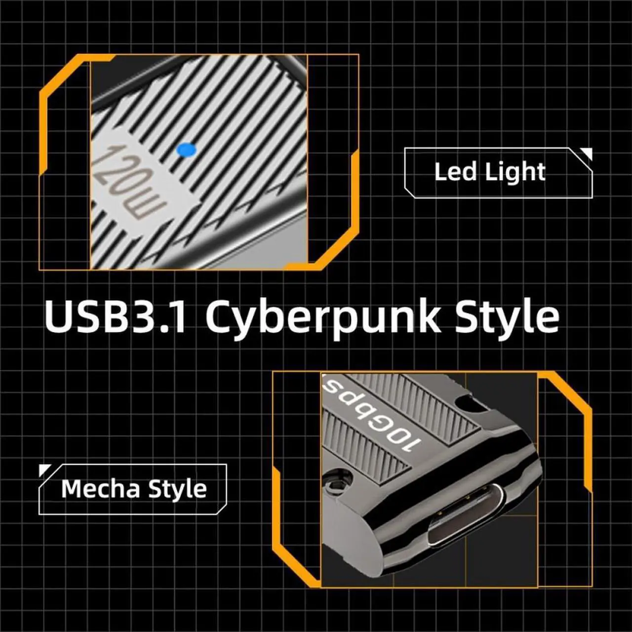 Alt view image 4 of 7 - Xiwai USB-C USB 3.1 Type C Female to USB 3.0 Type-A Male 90 Degree Right Angled Low Profile Type 10Gbps Data 120W Power Adapter Mecha Cyberpunk Style