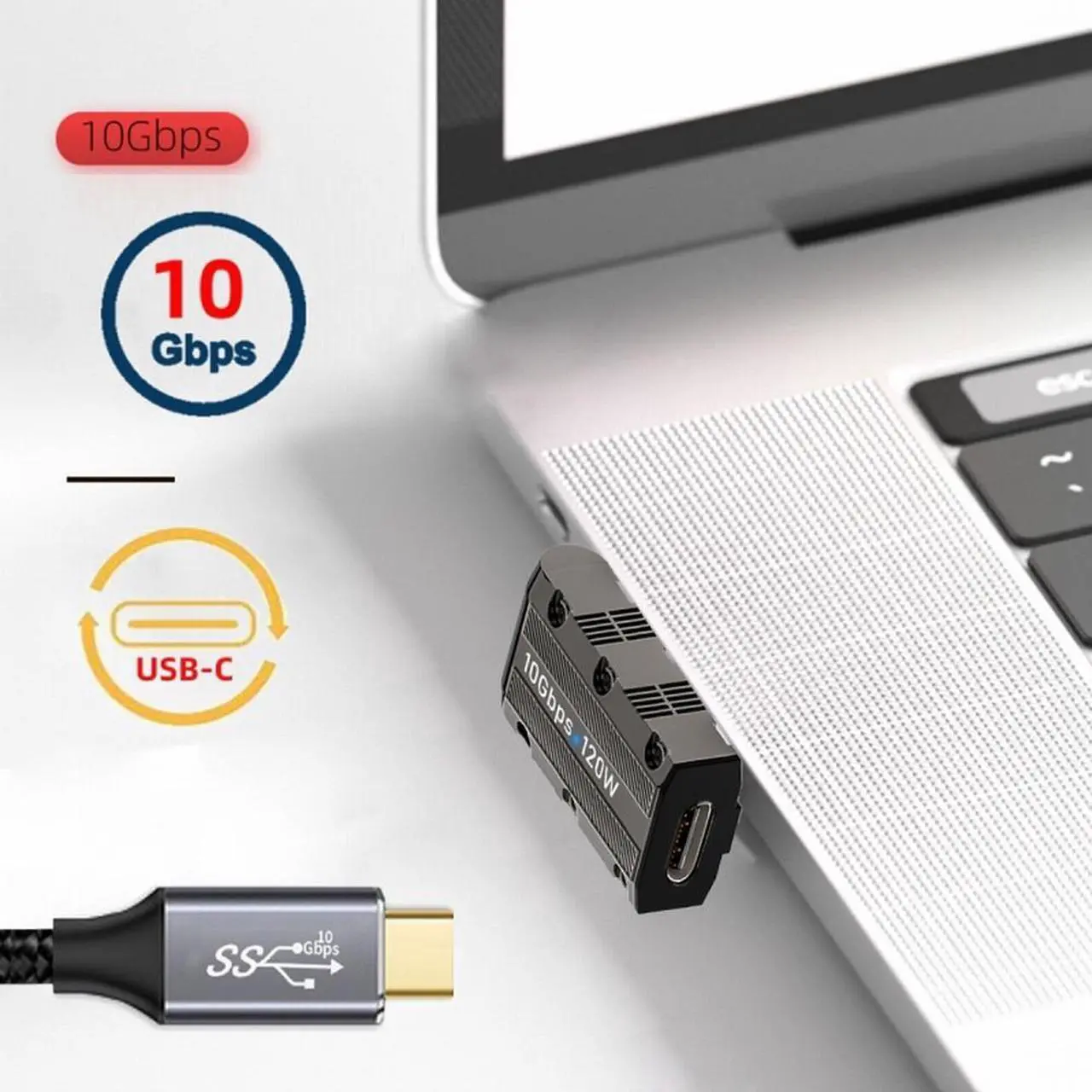 Alt view image 7 of 7 - Xiwai USB-C USB 3.1 Type C Female to USB 3.0 Type-A Male 90 Degree Right Angled Low Profile Type 10Gbps Data 120W Power Adapter Mecha Cyberpunk Style