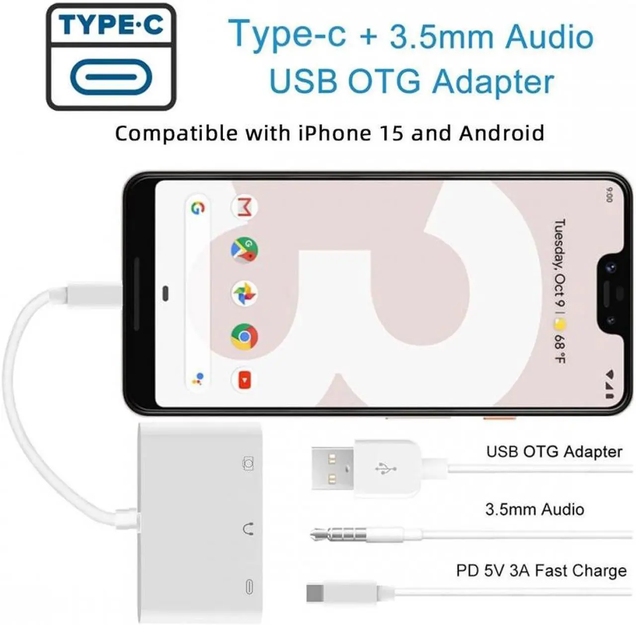 Alt view image 3 of 7 - CY Type C USB-C to 3.5mm Audio AUX & Type-A USB2.0 OTG Female with PD Power Charge Adapter Compatible with Laptop Tablet Phone
