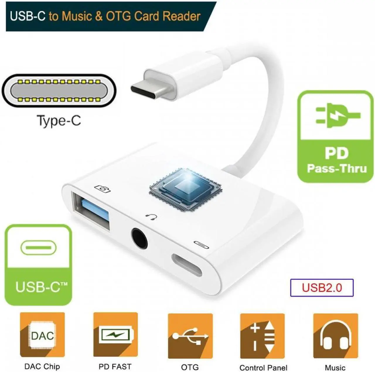 Alt view image 5 of 7 - CY Type C USB-C to 3.5mm Audio AUX & Type-A USB2.0 OTG Female with PD Power Charge Adapter Compatible with Laptop Tablet Phone