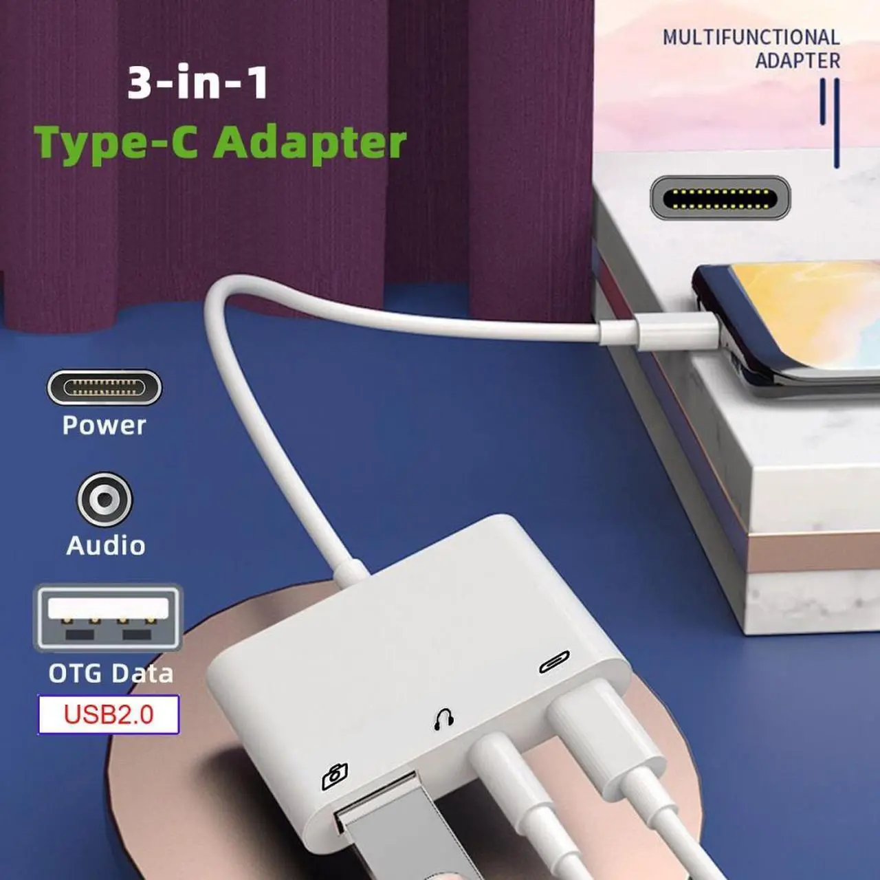 Alt view image 6 of 7 - CY Type C USB-C to 3.5mm Audio AUX & Type-A USB2.0 OTG Female with PD Power Charge Adapter Compatible with Laptop Tablet Phone