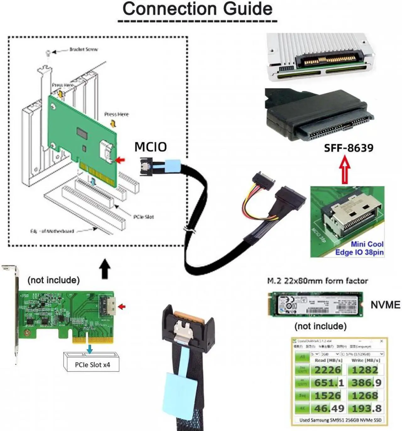 Alt view image 2 of 7 - Cablecc MCIO 4x Mini Cool Edge IO to U.2 SFF-8639 NVME PCIe PCI-Express Cable for Mainboard SSD