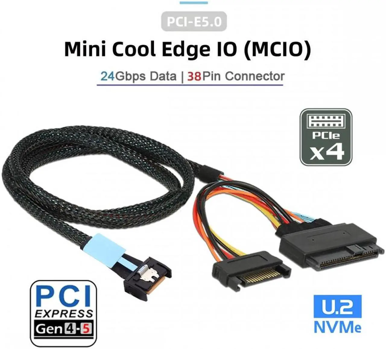 Alt view image 4 of 7 - Cablecc MCIO 4x Mini Cool Edge IO to U.2 SFF-8639 NVME PCIe PCI-Express Cable for Mainboard SSD