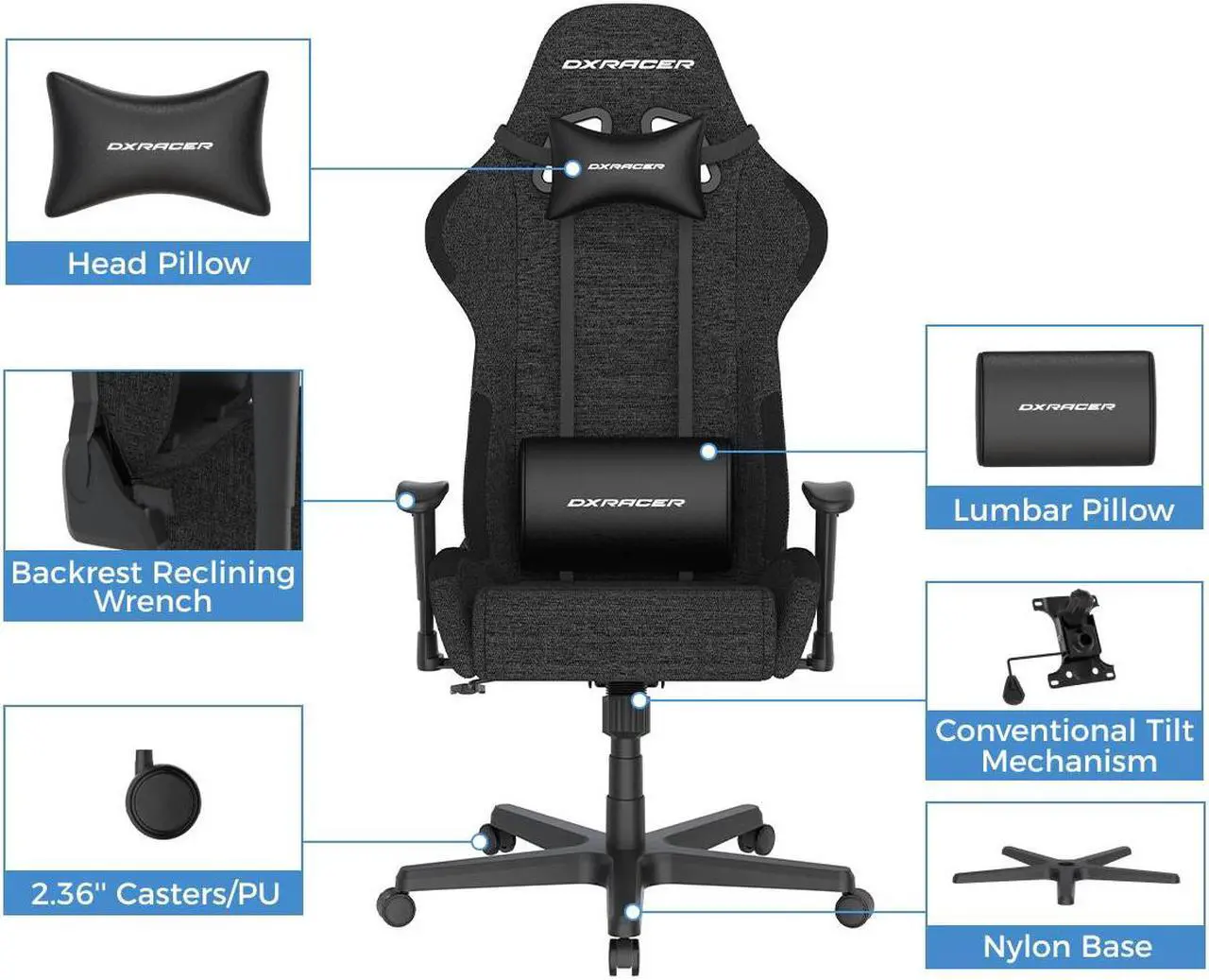 Alt view image 6 of 6 - DXRacer FD01 Formula Series Ergonomic Gaming Chair with Breathable Water-Resistant Fabric, High Back Racing Style Office Recliner Adjustable Swivel Task Chair, Black Standard Size