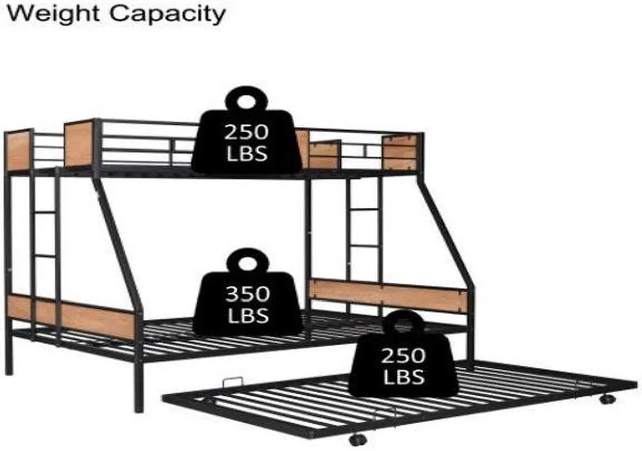 Alt view image 4 of 7 - Metal Twin over Full Bunk Bed with Trundle/ Heavy-duty Sturdy Metal/ Noise Reduced/ Safety Guardrail/ Wooden Decoration/ Convenient Trundle / Bunk Bed for Three/ CPC Certified/ No Box Spring Needed