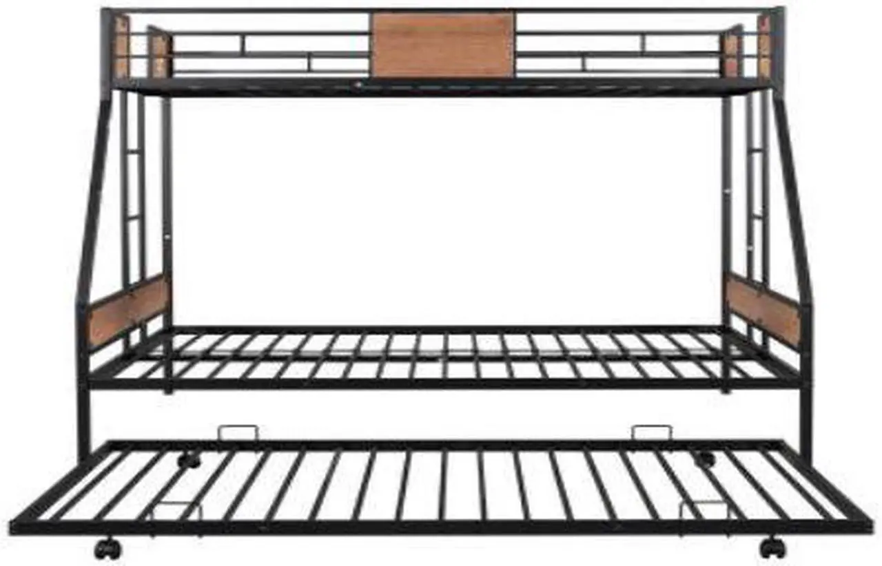 Alt view image 3 of 7 - Metal Twin over Full Bunk Bed with Trundle/ Heavy-duty Sturdy Metal/ Noise Reduced/ Safety Guardrail/ Wooden Decoration/ Convenient Trundle / Bunk Bed for Three/ CPC Certified/ No Box Spring Needed