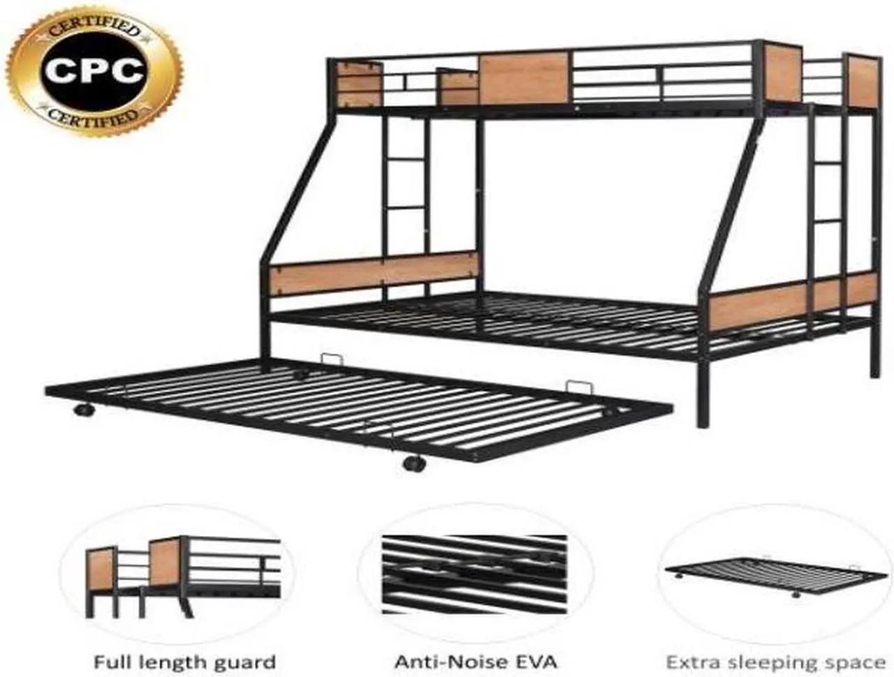 Alt view image 5 of 7 - Metal Twin over Full Bunk Bed with Trundle/ Heavy-duty Sturdy Metal/ Noise Reduced/ Safety Guardrail/ Wooden Decoration/ Convenient Trundle / Bunk Bed for Three/ CPC Certified/ No Box Spring Needed