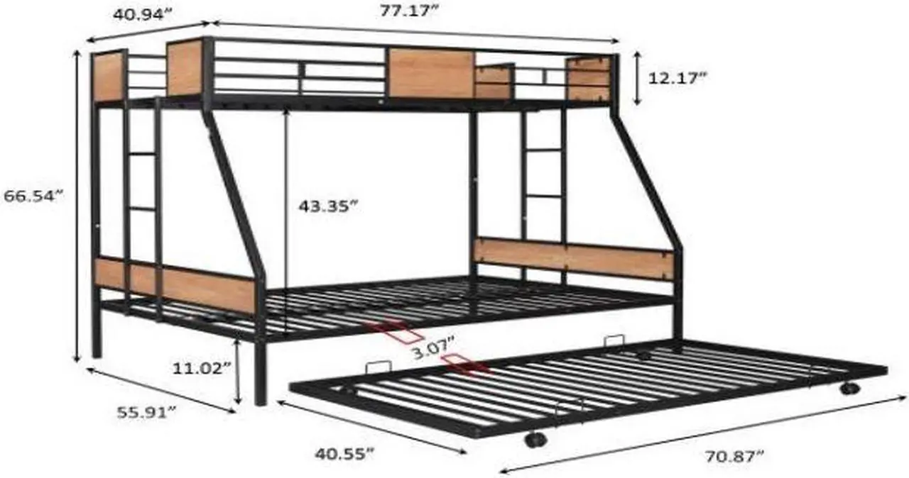 Alt view image 7 of 7 - Metal Twin over Full Bunk Bed with Trundle/ Heavy-duty Sturdy Metal/ Noise Reduced/ Safety Guardrail/ Wooden Decoration/ Convenient Trundle / Bunk Bed for Three/ CPC Certified/ No Box Spring Needed