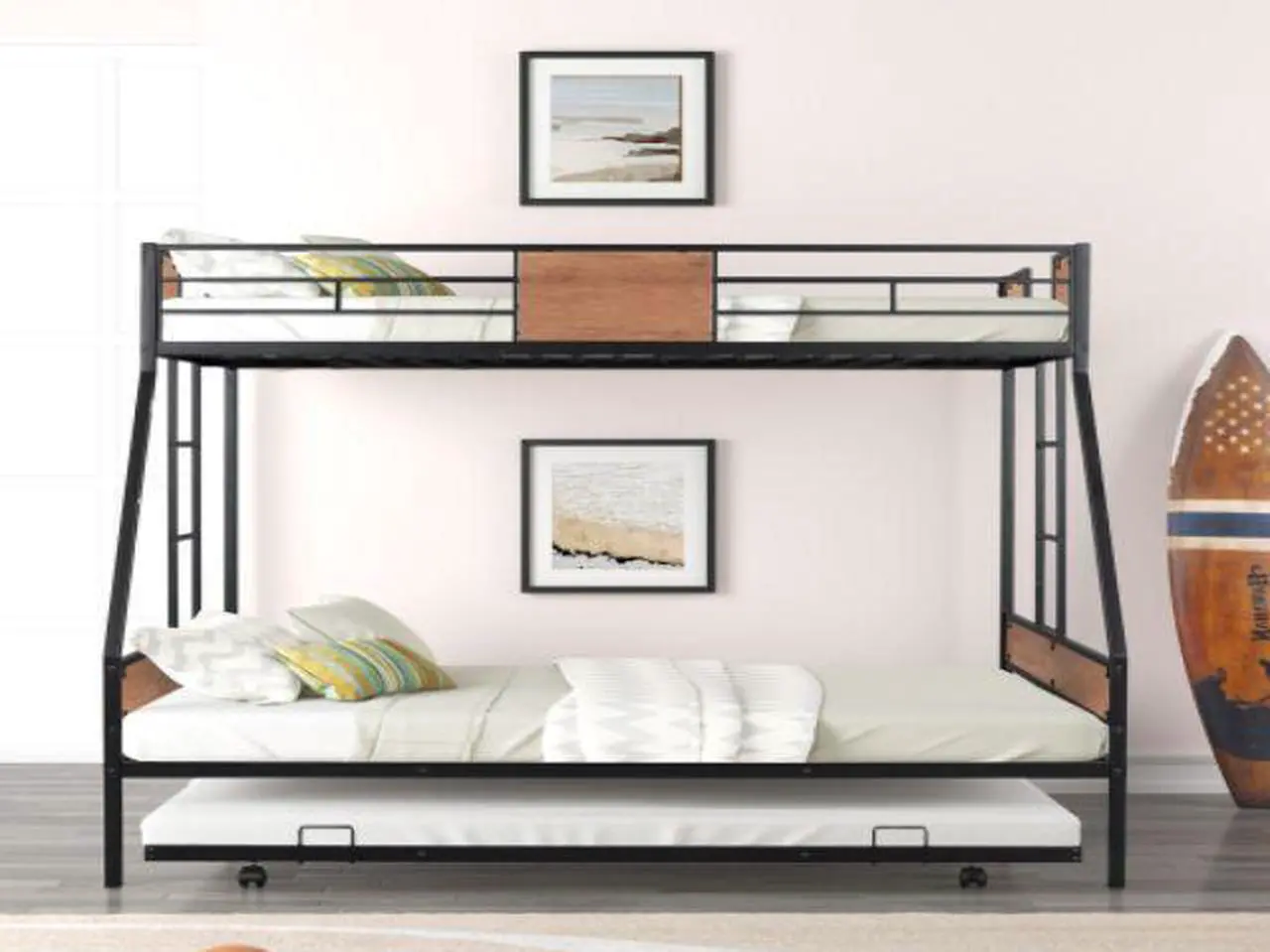 Alt view image 2 of 7 - Metal Twin over Full Bunk Bed with Trundle/ Heavy-duty Sturdy Metal/ Noise Reduced/ Safety Guardrail/ Wooden Decoration/ Convenient Trundle / Bunk Bed for Three/ CPC Certified/ No Box Spring Needed