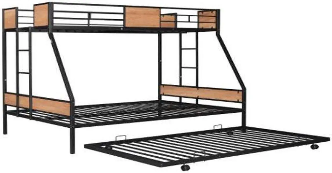 Alt view image 6 of 7 - Metal Twin over Full Bunk Bed with Trundle/ Heavy-duty Sturdy Metal/ Noise Reduced/ Safety Guardrail/ Wooden Decoration/ Convenient Trundle / Bunk Bed for Three/ CPC Certified/ No Box Spring Needed