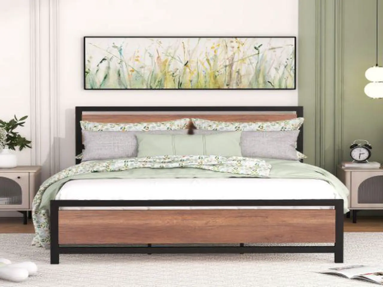 Alt view image 2 of 7 - (Mattress not included.) Queen Size Platform Bed, Metal and Wood Bed Frame with Headboard and Footboard ,Black