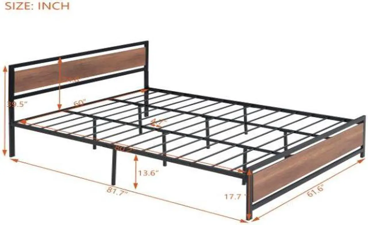 Alt view image 3 of 7 - (Mattress not included.) Queen Size Platform Bed, Metal and Wood Bed Frame with Headboard and Footboard ,Black