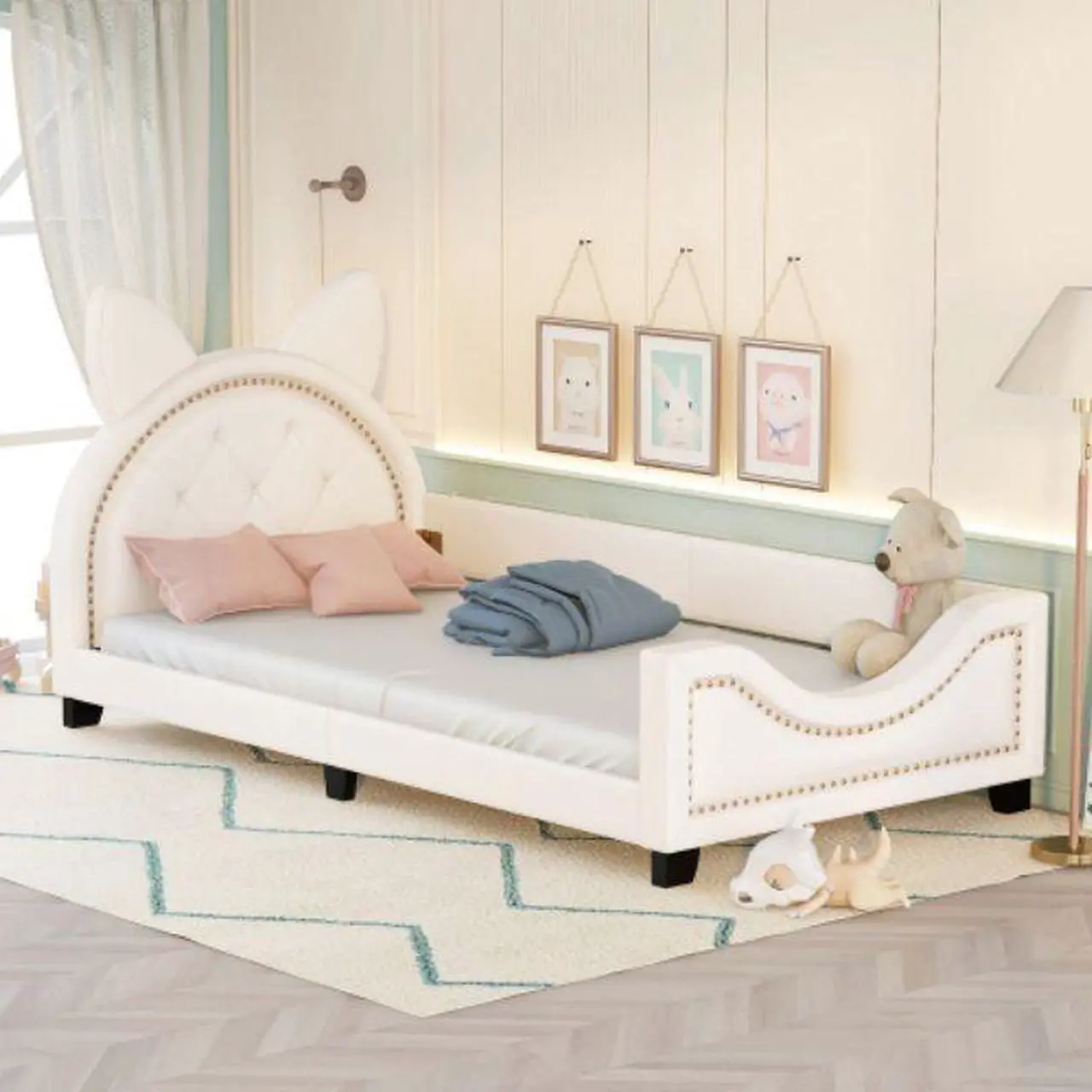 Main image of Single bed cot shape of cardboard ears with wooden slatted frames and backrest White