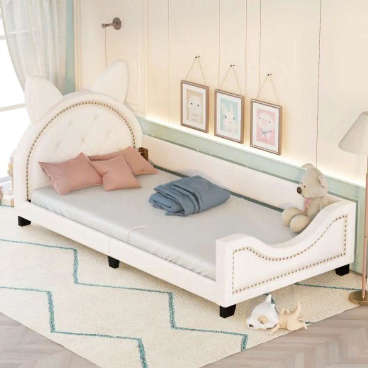 Alt view image 2 of 7 - Single bed cot shape of cardboard ears with wooden slatted frames and backrest White