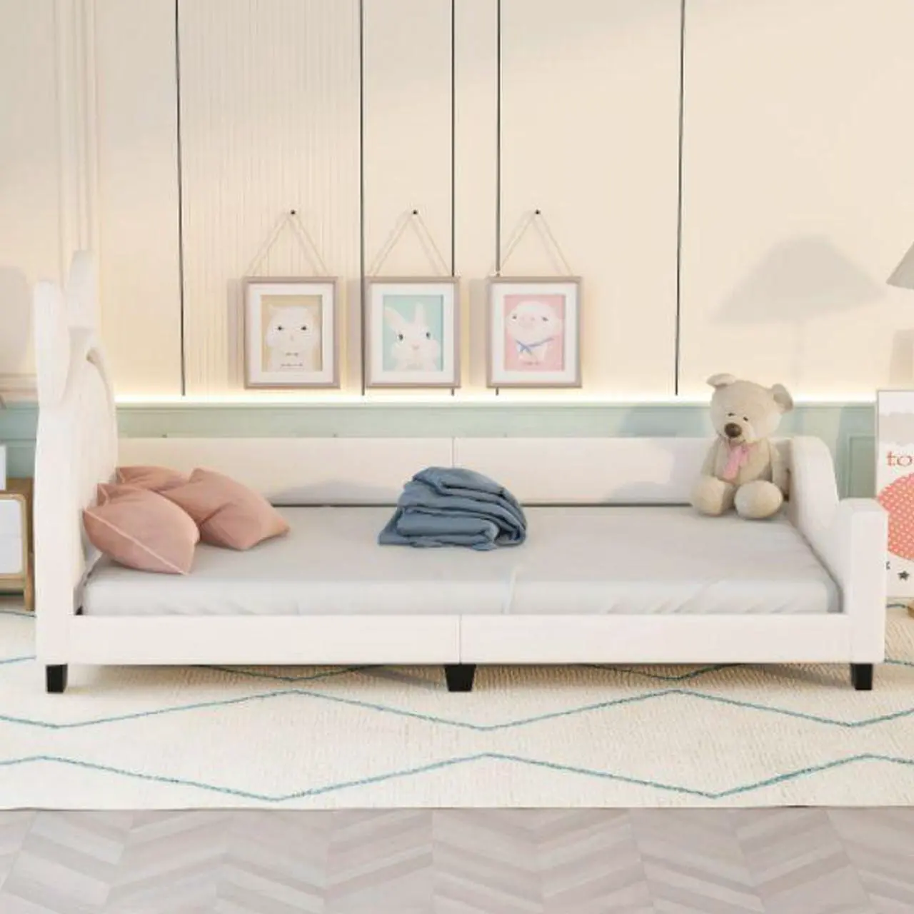 Alt view image 3 of 7 - Single bed cot shape of cardboard ears with wooden slatted frames and backrest White