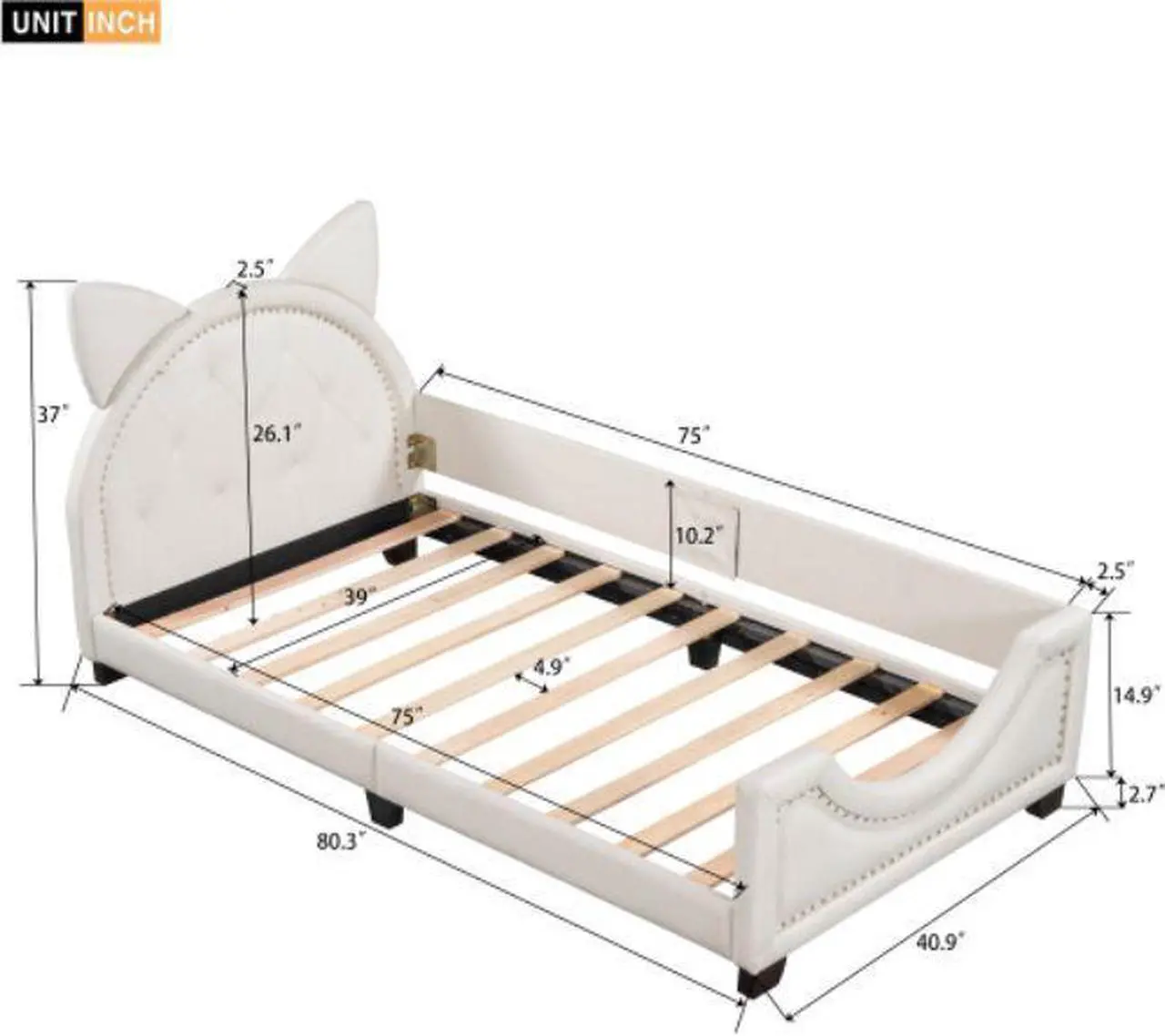 Alt view image 6 of 7 - Single bed cot shape of cardboard ears with wooden slatted frames and backrest White