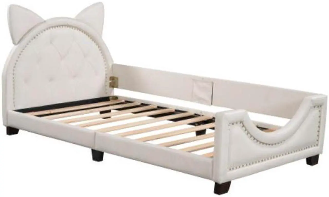 Alt view image 4 of 7 - Single bed cot shape of cardboard ears with wooden slatted frames and backrest White