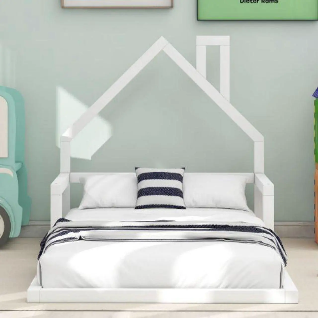 Alt view image 2 of 7 - Twin Size Solid wood bed flatbed Wood Floor Bed with House-shaped Headboard White