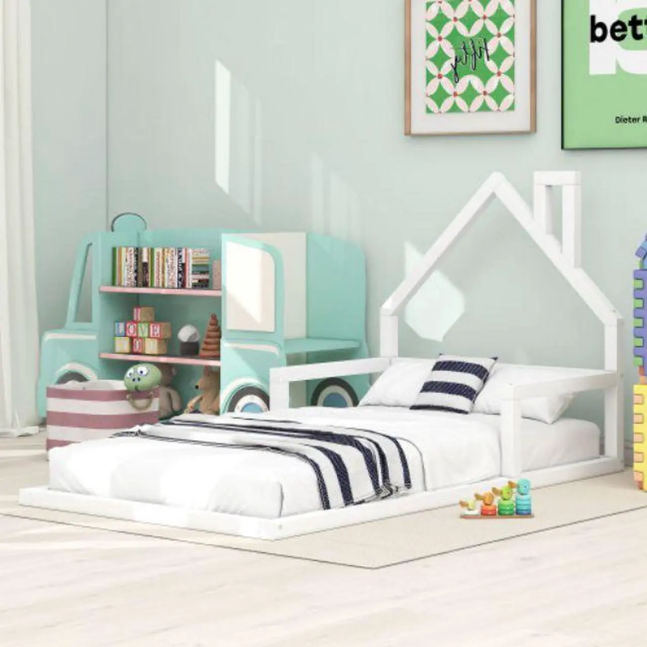 Alt view image 3 of 7 - Twin Size Solid wood bed flatbed Wood Floor Bed with House-shaped Headboard White