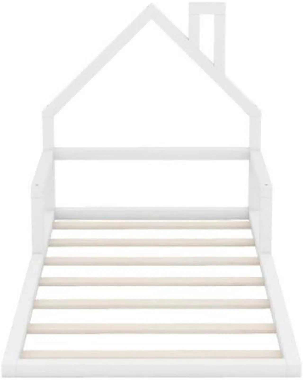 Alt view image 4 of 7 - Twin Size Solid wood bed flatbed Wood Floor Bed with House-shaped Headboard White