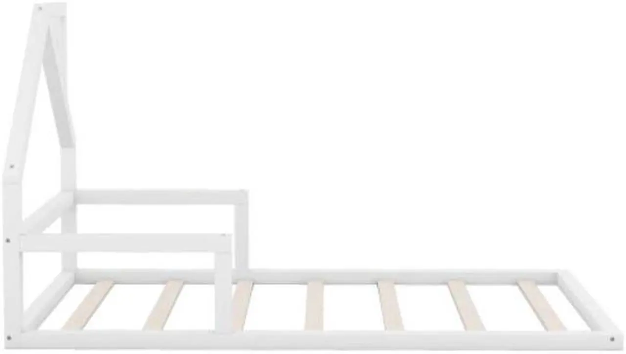 Alt view image 5 of 7 - Twin Size Solid wood bed flatbed Wood Floor Bed with House-shaped Headboard White