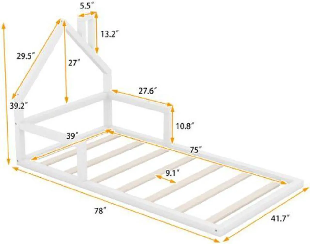 Alt view image 7 of 7 - Twin Size Solid wood bed flatbed Wood Floor Bed with House-shaped Headboard White