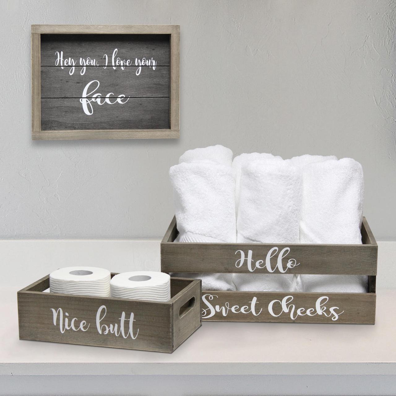 Main image of Elegant Designs Three Piece Decorative Wood Bathroom Set, Large, Cheeky  (1 Towel Holder, 1 Frame, 1 Toilet Paper Holder)